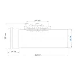 Technische Seitenansicht einer zylindrischen Komponente mit Bemaßungsbeschriftungen, einschließlich 628 mm Länge, 300 mm obere Breite, 264 mm Höhe, 156 mm Basisbreite und DN 250 Endflanschgröße.