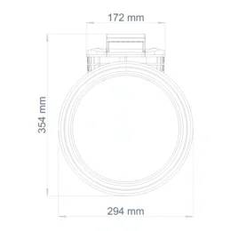 Technische Linienzeichnung einer kreisförmigen Vorrichtung mit den Abmessungen: 172 mm Breite, 354 mm Höhe und 294 mm Gesamtdurchmesser.