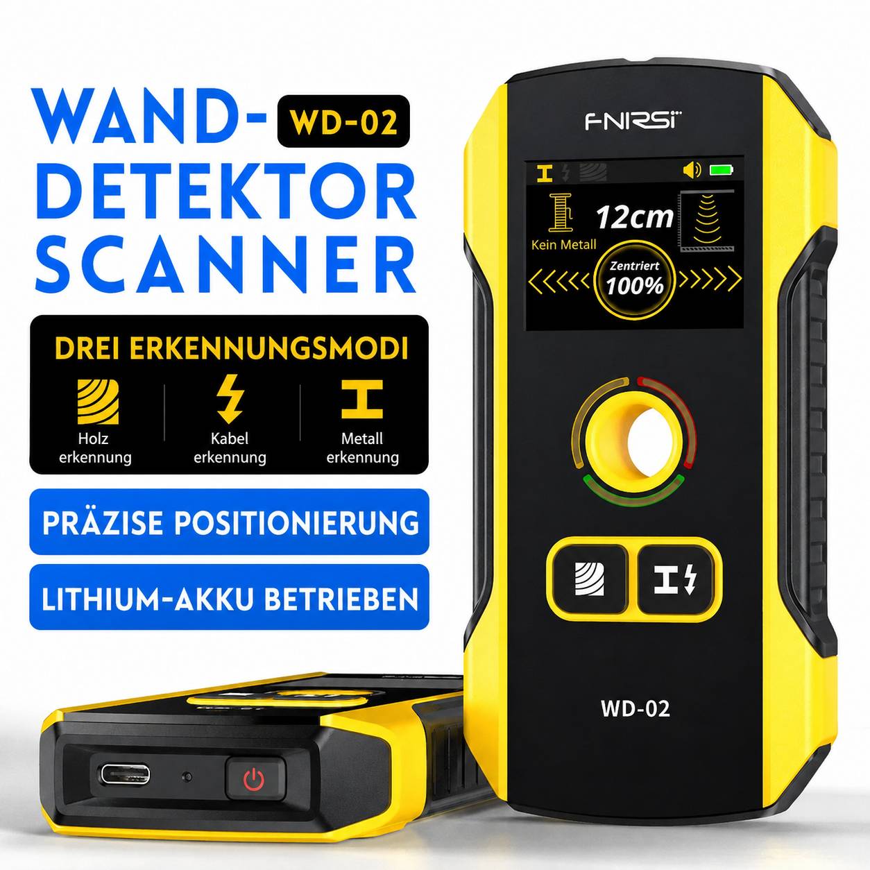 FNIRSI WD-02 Wanddetektor mit Display – erkennt Holz, Metall, Rohre & Stromleitungen bis 120mm, USB-C, mehrsprachig