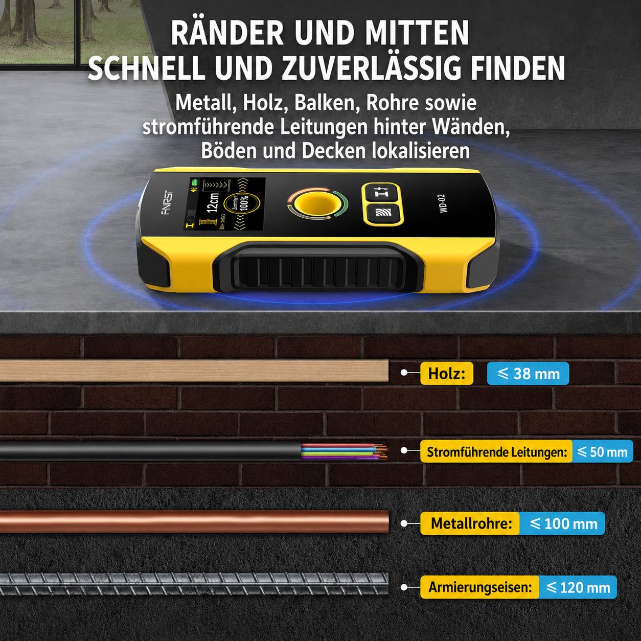 FNIRSI WD-02 Wanddetektor mit Display – erkennt Holz, Metall, Rohre & Stromleitungen bis 120mm, USB-C, mehrsprachig