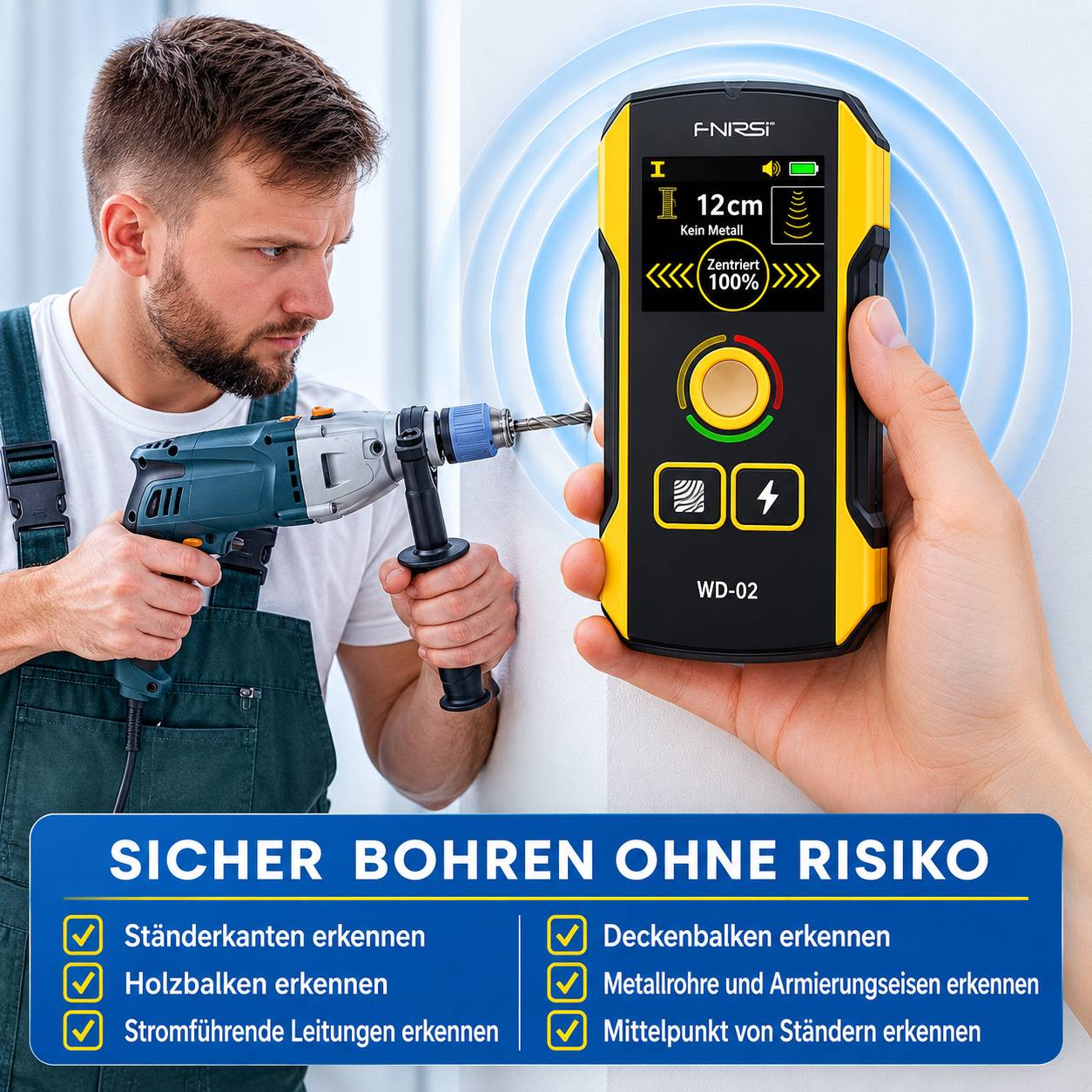 FNIRSI WD-02 Wanddetektor mit Display – erkennt Holz, Metall, Rohre & Stromleitungen bis 120mm, USB-C, mehrsprachig
