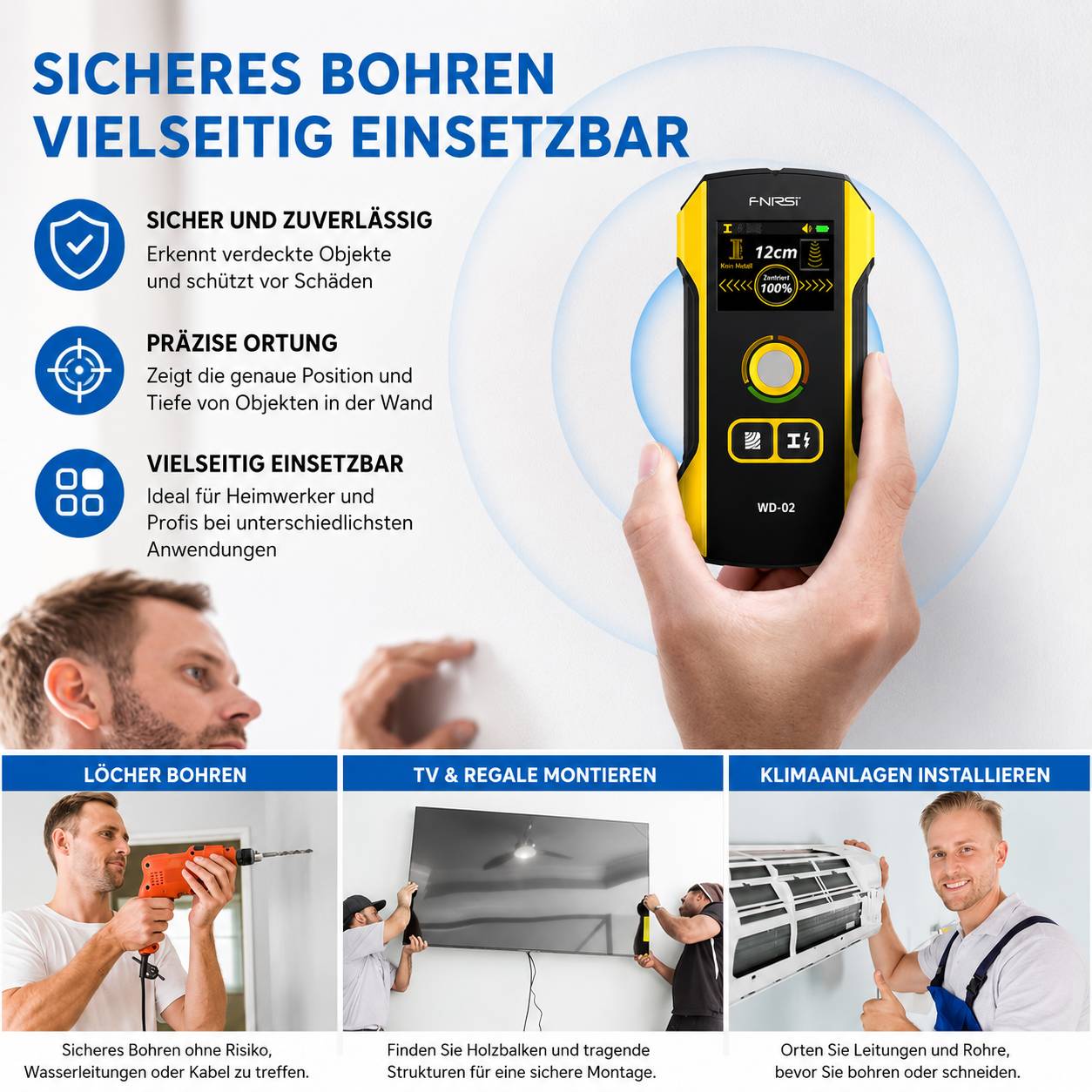 FNIRSI WD-02 Wanddetektor mit Display – erkennt Holz, Metall, Rohre & Stromleitungen bis 120mm, USB-C, mehrsprachig