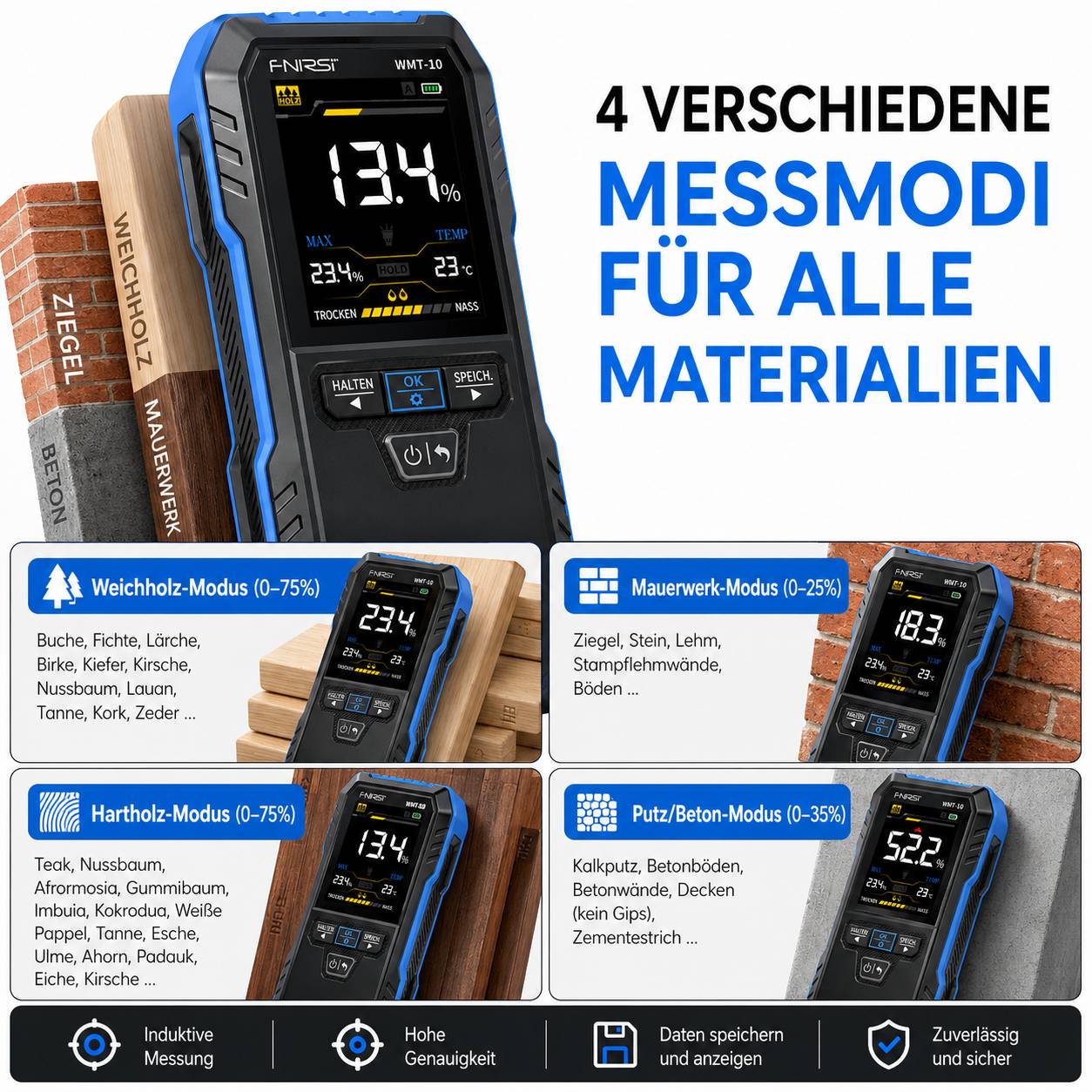 FNIRSI WMT-10 Induktives Feuchtigkeitsmessgerät kontaktlos für Holz und Wände, Farbdisplay, Akku