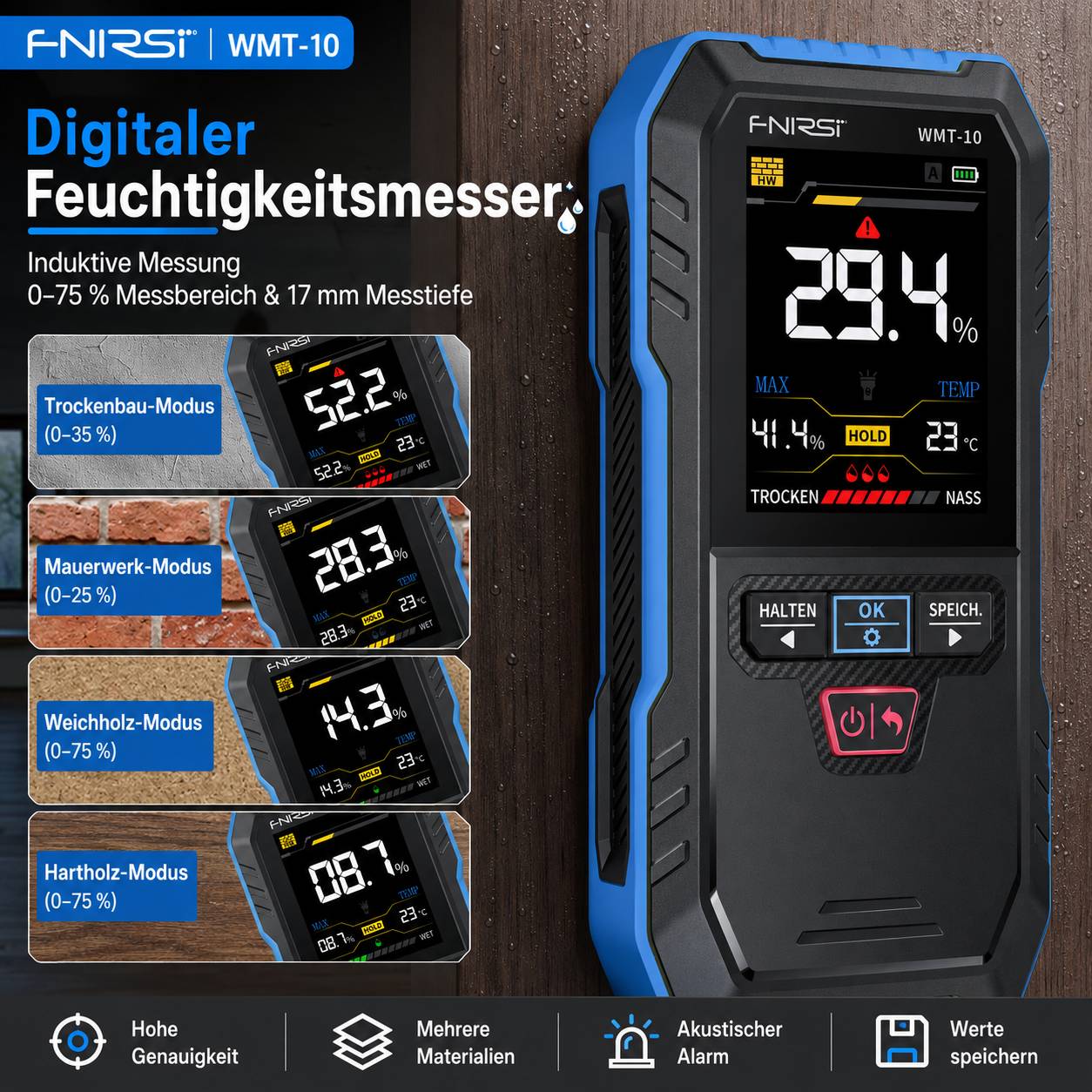 FNIRSI WMT-10 Induktives Feuchtigkeitsmessgerät kontaktlos für Holz und Wände, Farbdisplay, Akku