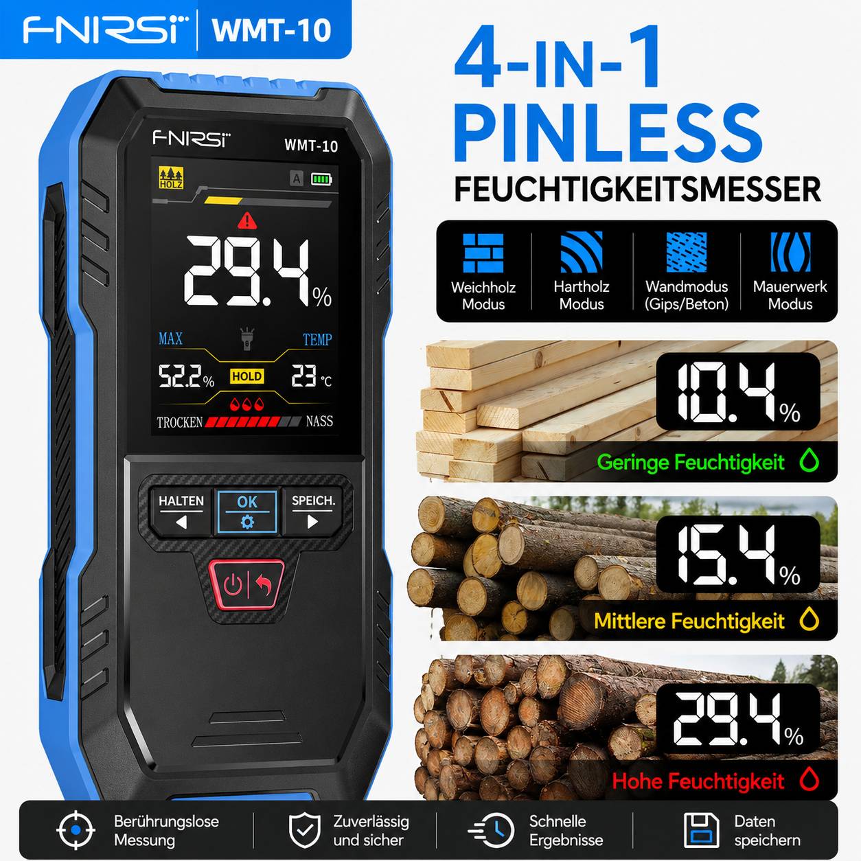 FNIRSI WMT-10 Induktives Feuchtigkeitsmessgerät kontaktlos für Holz und Wände, Farbdisplay, Akku