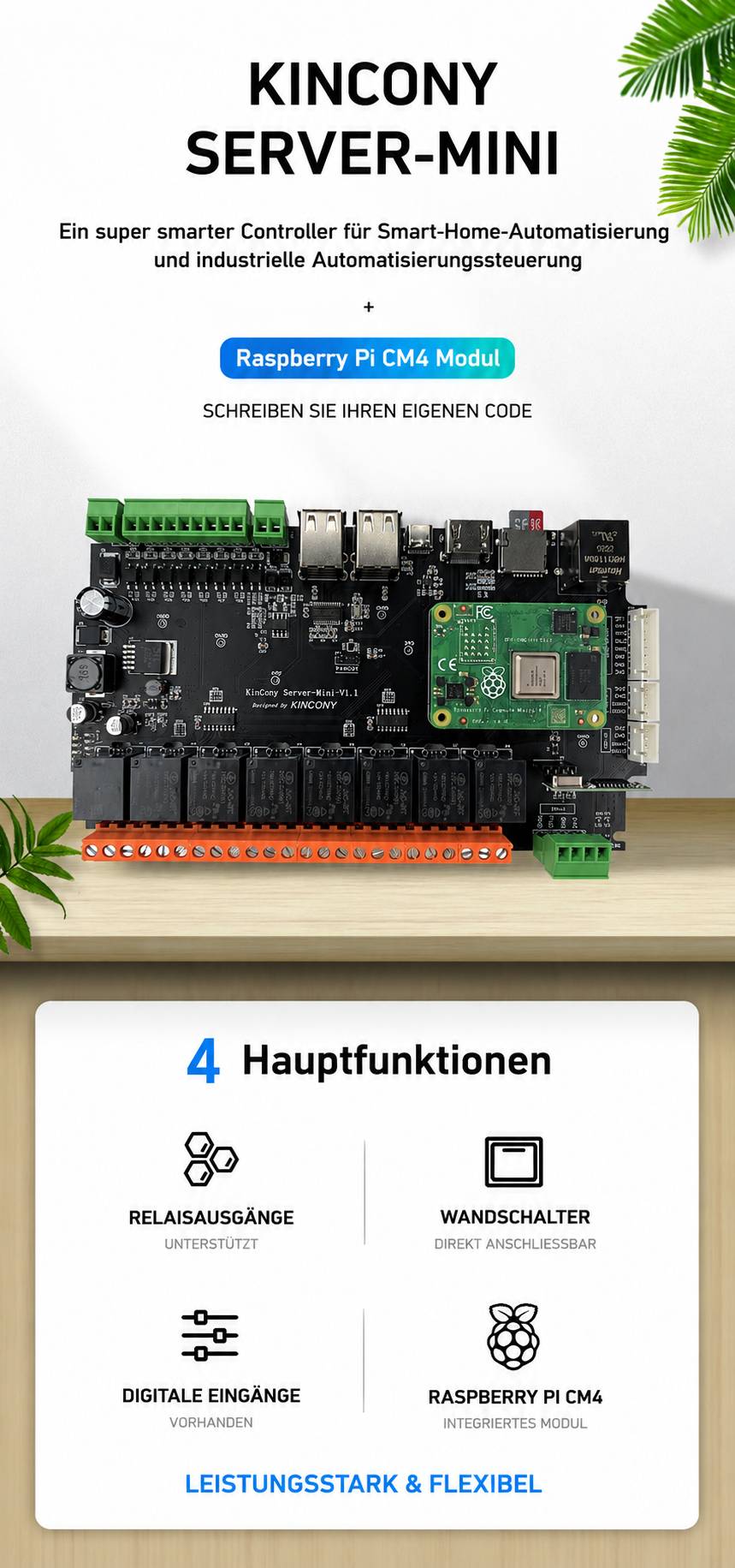 KinCony Server-Mini Smart Home Automatisierung mit Raspberry Pi CM4, 8 Relais, RF, Aluminiumgehäuse