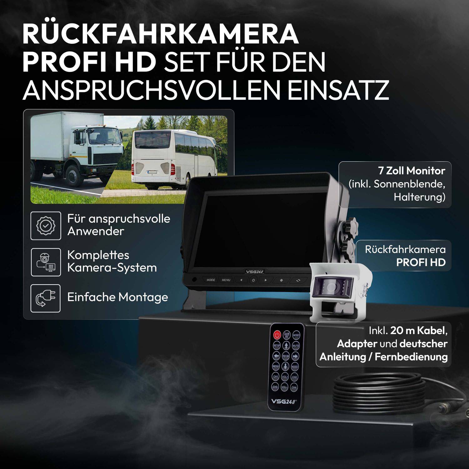 VSG24 7" Rückfahrkamera Set PROFI HD | 1080P HD Kamera IP69K mit Mikrofon