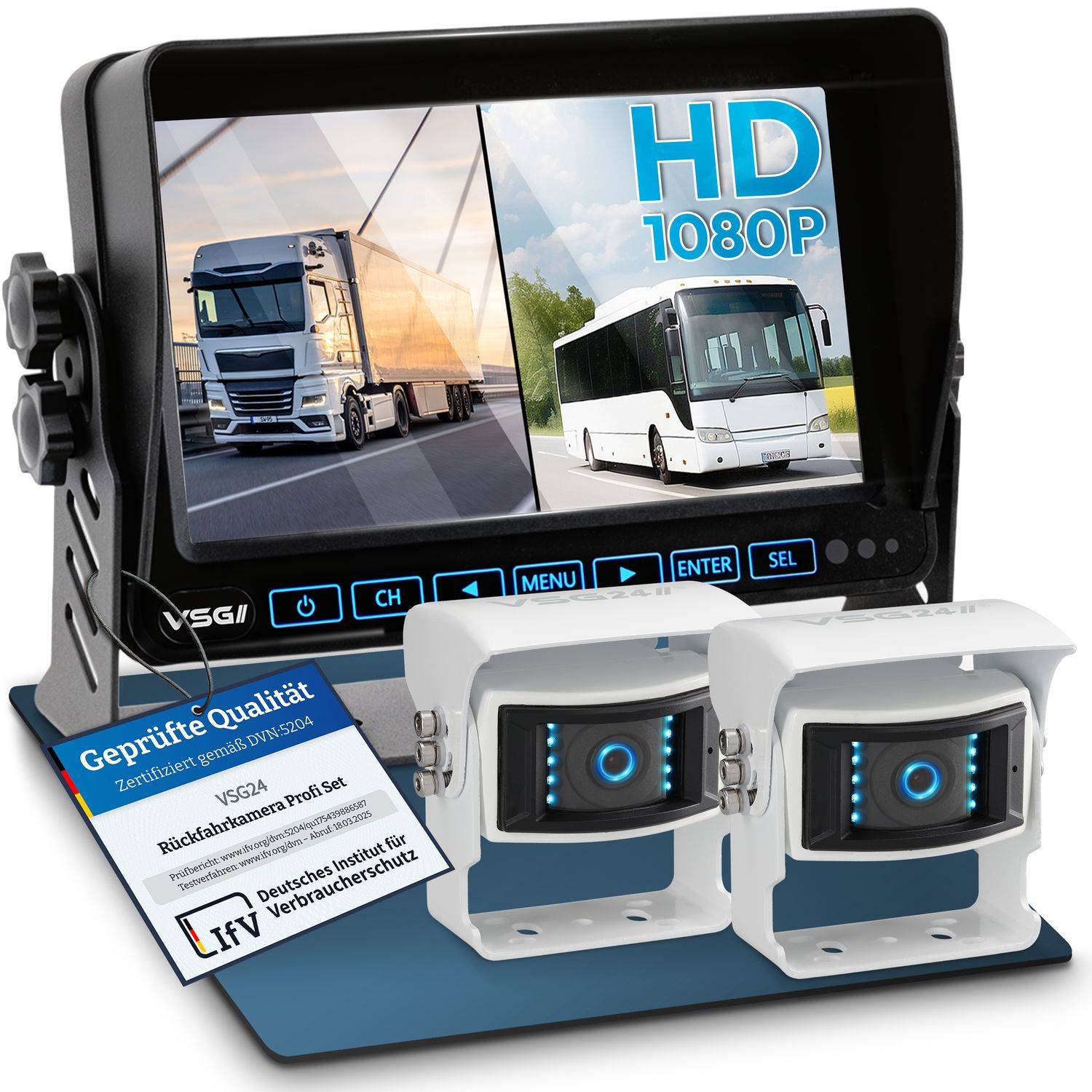 VSG24 7" Rückfahrkamera Set PROFI HD | mit 2 x 1080P HD Kamera IP69K mit Mikrofon