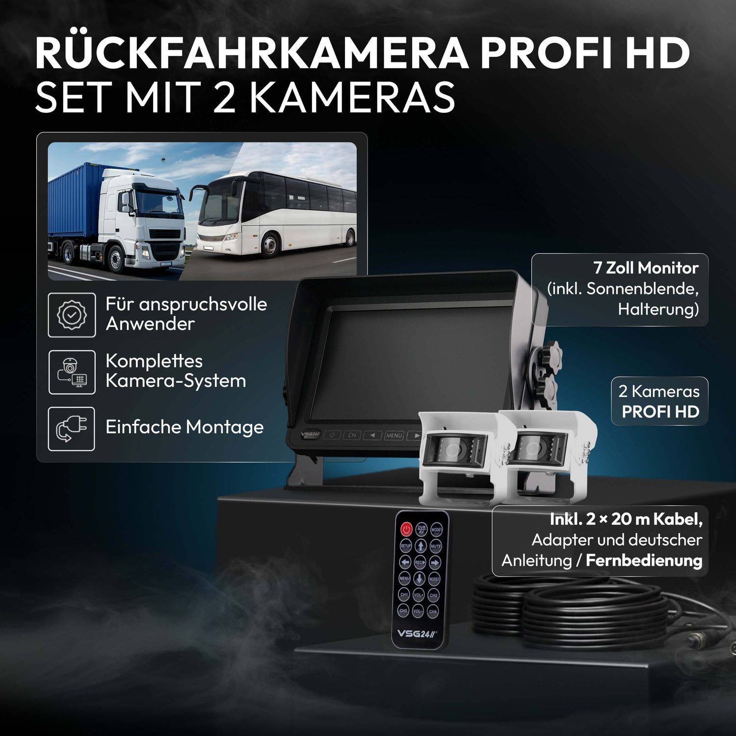 VSG24 7" Rückfahrkamera Set PROFI HD | mit 2 x 1080P HD Kamera IP69K mit Mikrofon