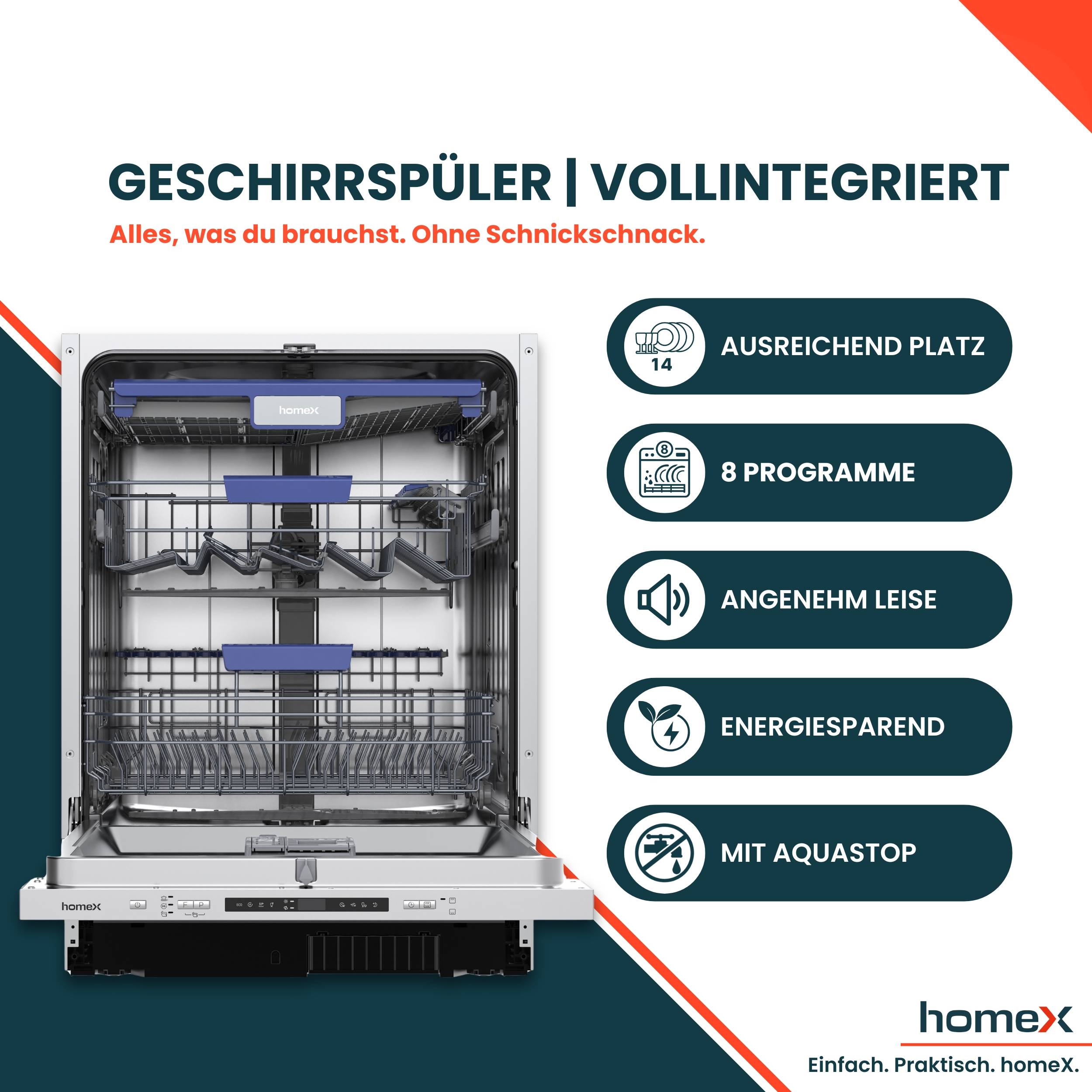 homeX DWFI601442A Geschirrspüler 60 cm, Spülmaschine vollintegrierbar - 14 Maßgedecke, 8 Programme, Einbaugeschirrspüler