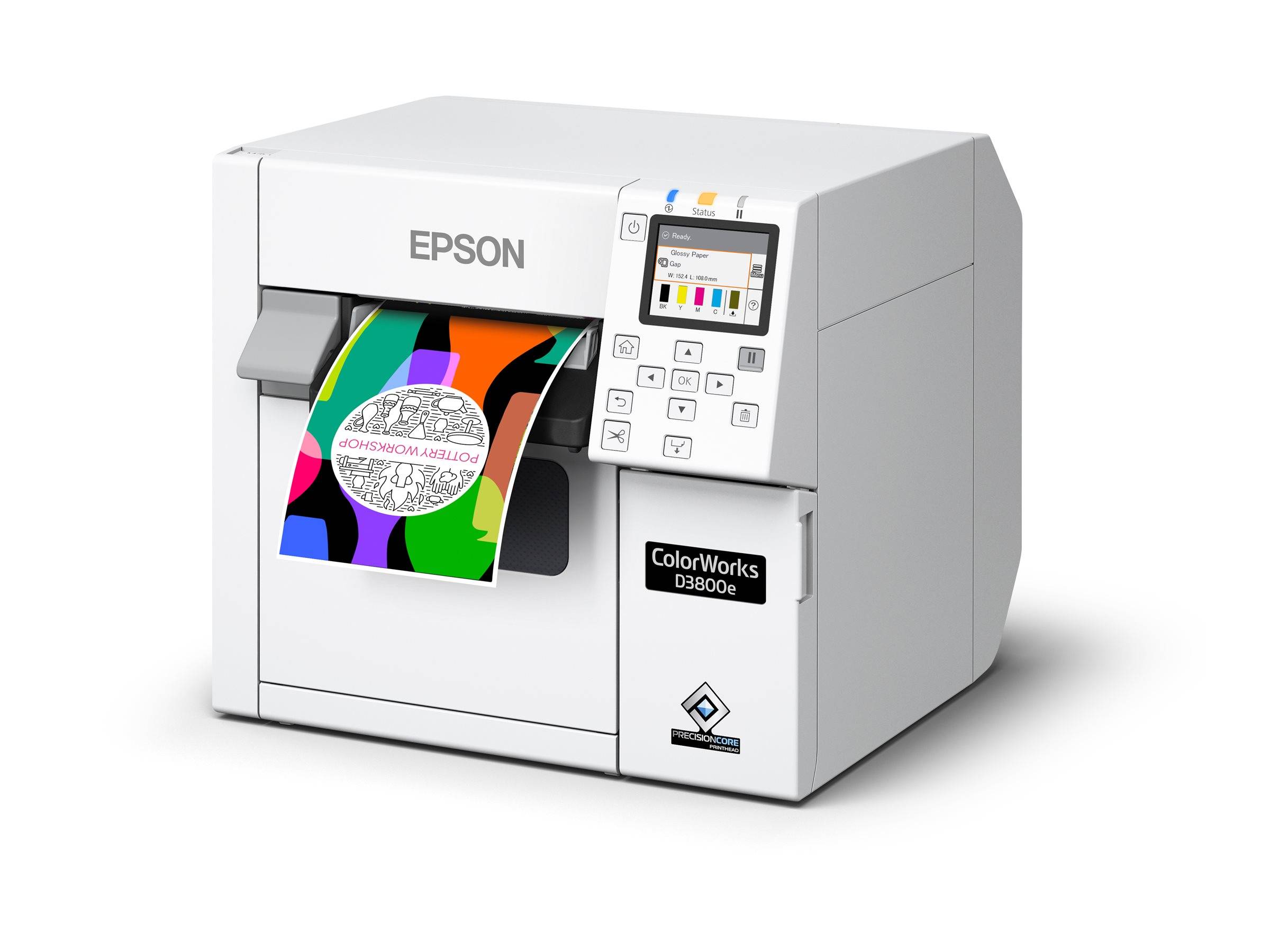 Epson ColorWorks D3000e Etikettendrucker druckt ein farbiges rundes Etikett aus dem vorderen Ausgabefach.