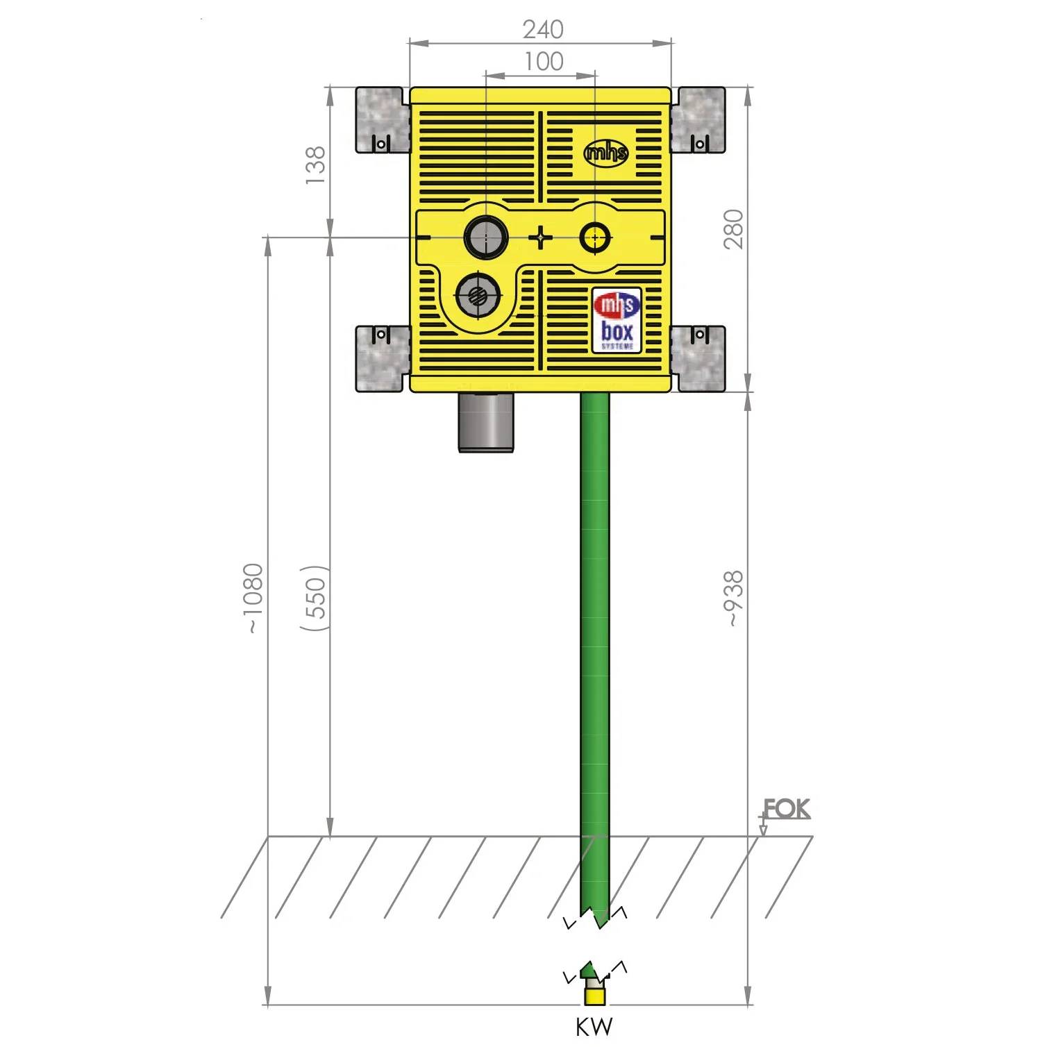 Technisches Diagramm einer gelben 'MHS-Box'-Einheit, die an einer Wand montiert ist, mit Abmessungen, einer grünen vertikalen Sonde/Kabel, das sich zum Boden erstreckt, und gekennzeichneten Referenzpunkten.