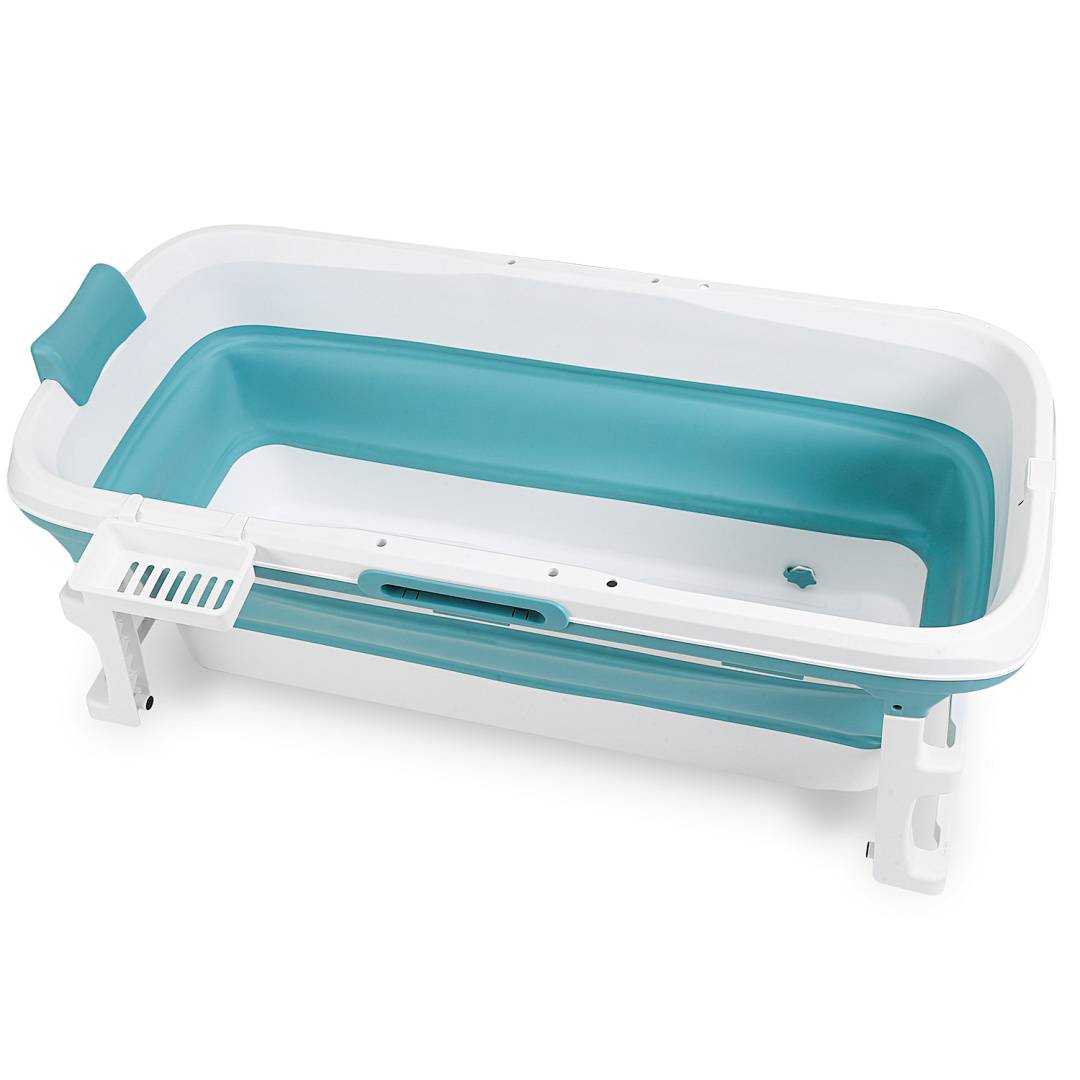 Faltbare Badewanne 132x60x50cm Blau aus PP- und TPE-Kunststoffstoff mit Massagerollen & Abflussrohr für Erwachsene