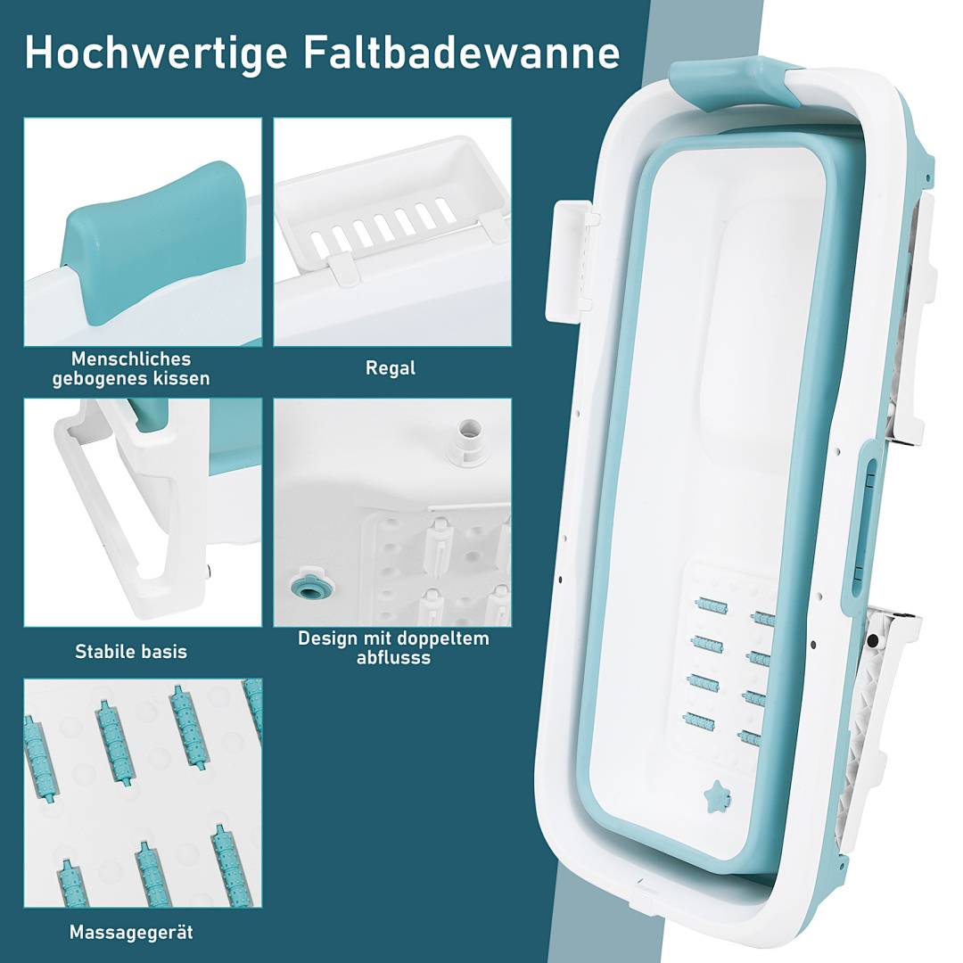 Faltbare Badewanne 132cm XL Blau aus PP- und TPE-Kunststoff mit Abdeckung für entspanntes Baden in Mietwohnungen