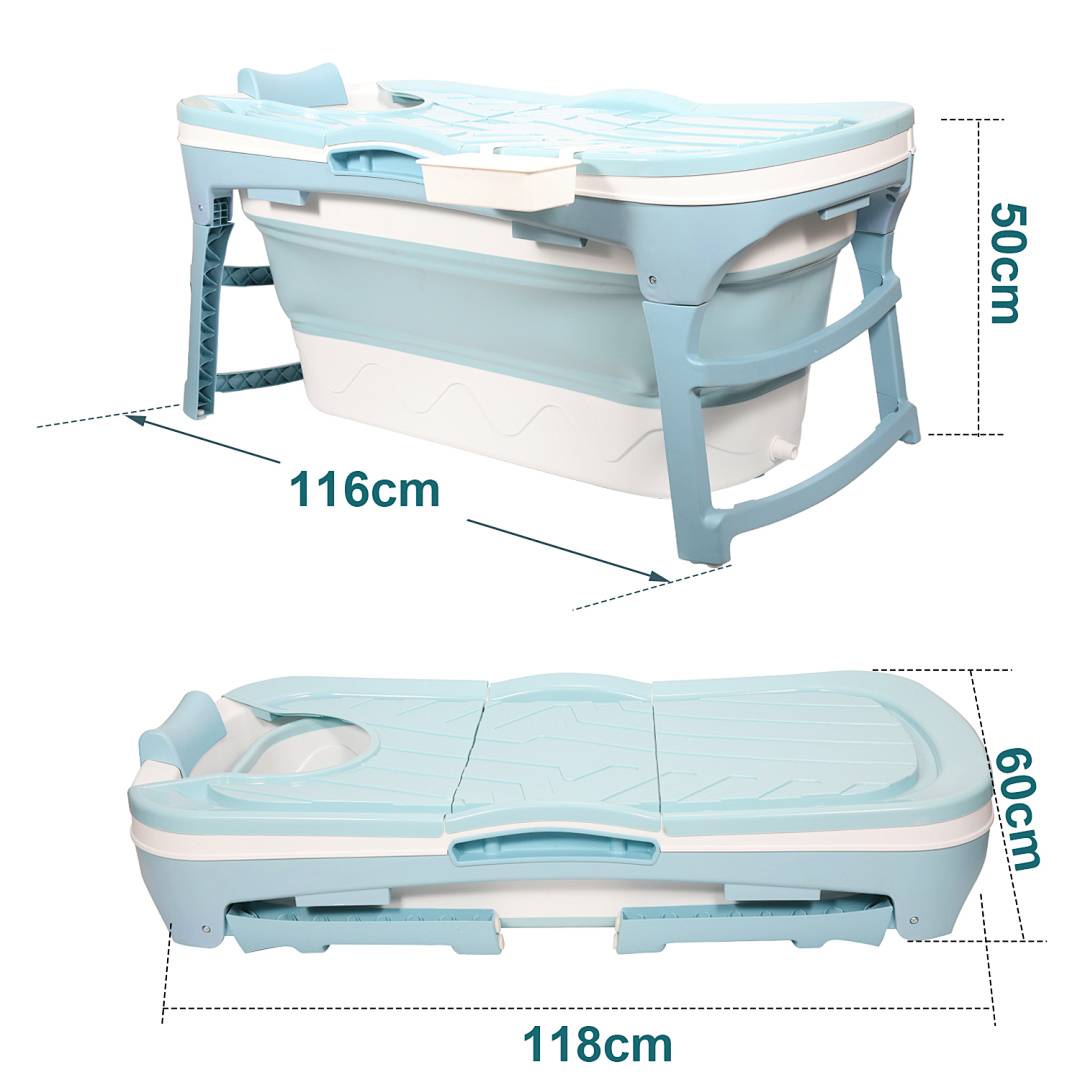 Faltbare Badewanne 118cm Blau aus PP- und TPE-Kunststoff mit Ablagekorb doppelt Abfluss für kleine Badezimmer
