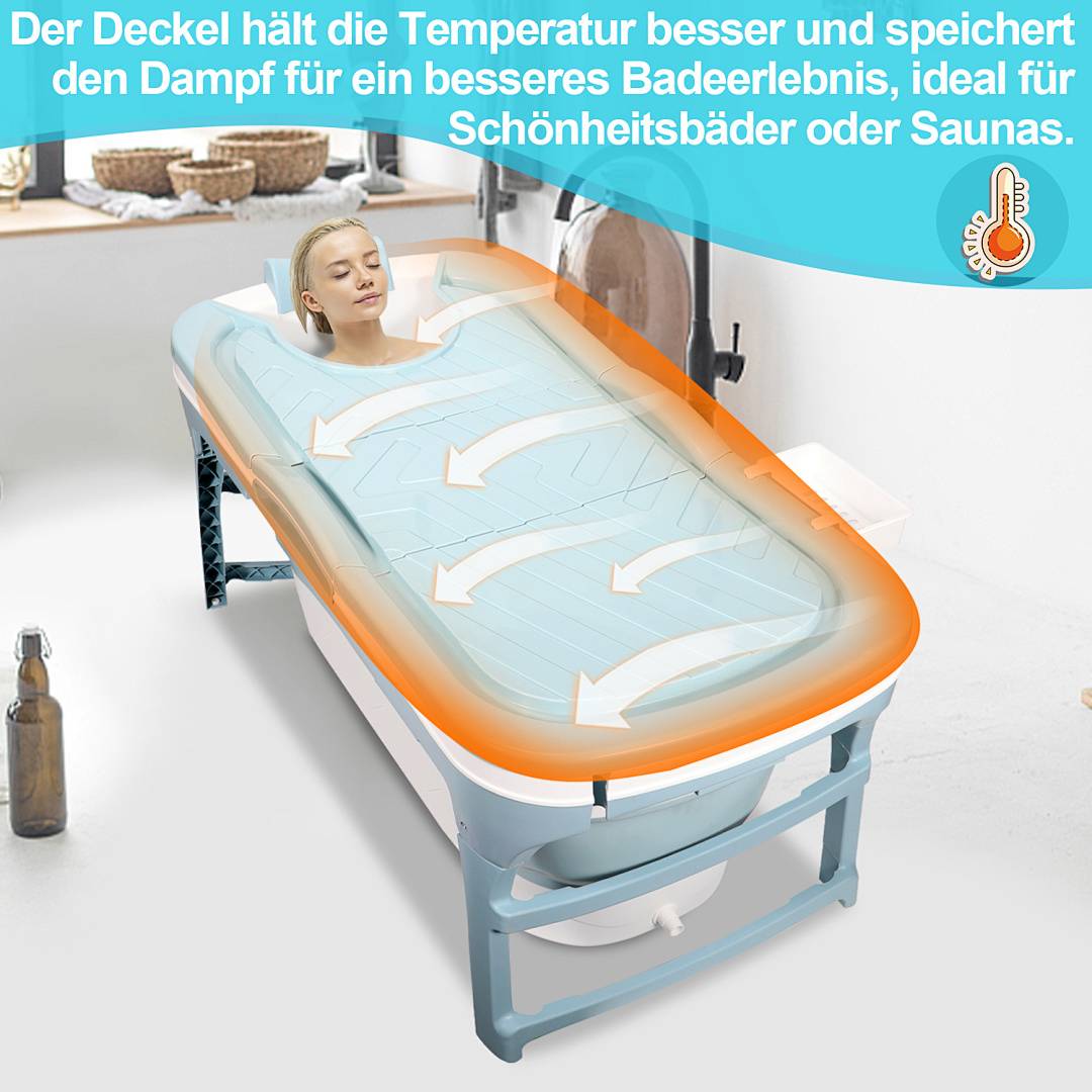 Faltbare Badewanne 118x60x50cm Blau aus PP- und TPE-Kunststoff mit Abdeckung platzsparend für Erwachsene