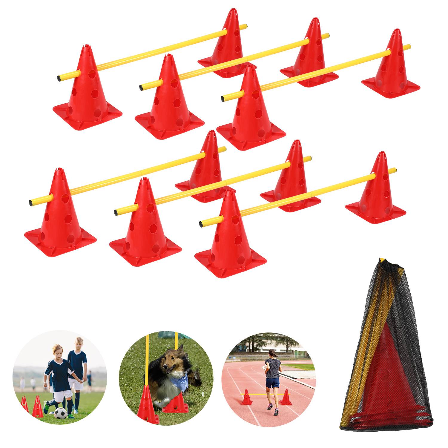 6er Sports Steckhürdenset 12 Kegel + 6 Stangen Agility Hürden Steckhürden Set, Koordinationstraining für Kinder Hunde Teamsport Fussball, Multifun