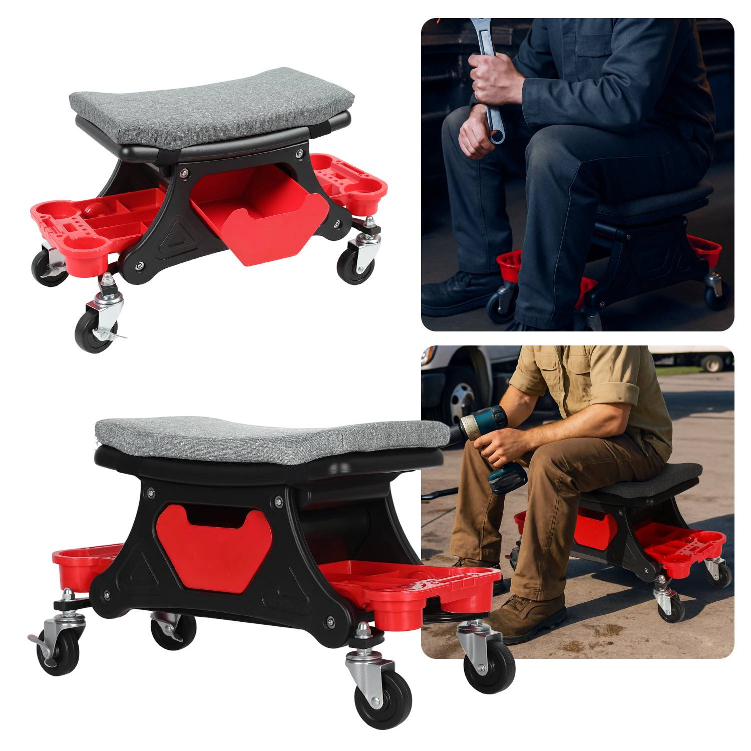 Werkstatthocker mit Rollen und Ablage, belastbar bis 185 kg