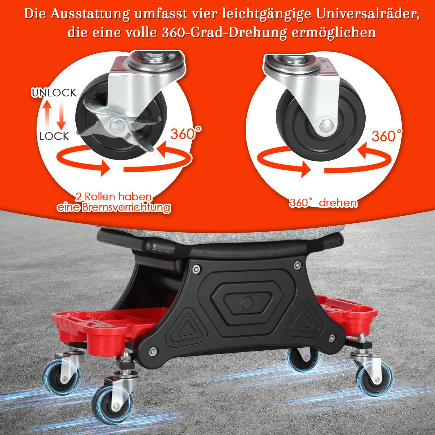 Werkstatt-Rollhocker mit Schublade, Bremsrollen und Polstersitz
