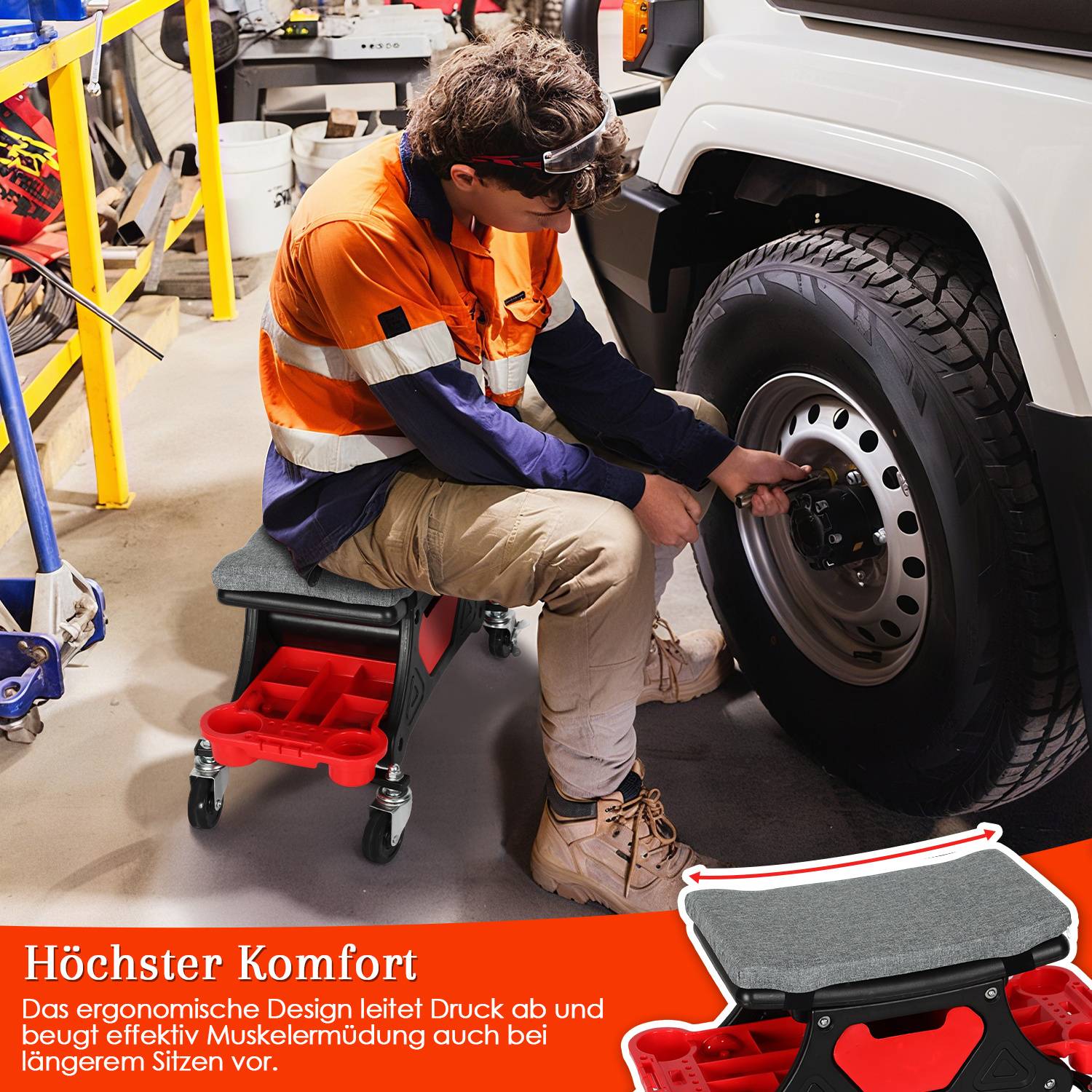 Werkstatt-Rollhocker mit Schublade, Bremsrollen und Polstersitz