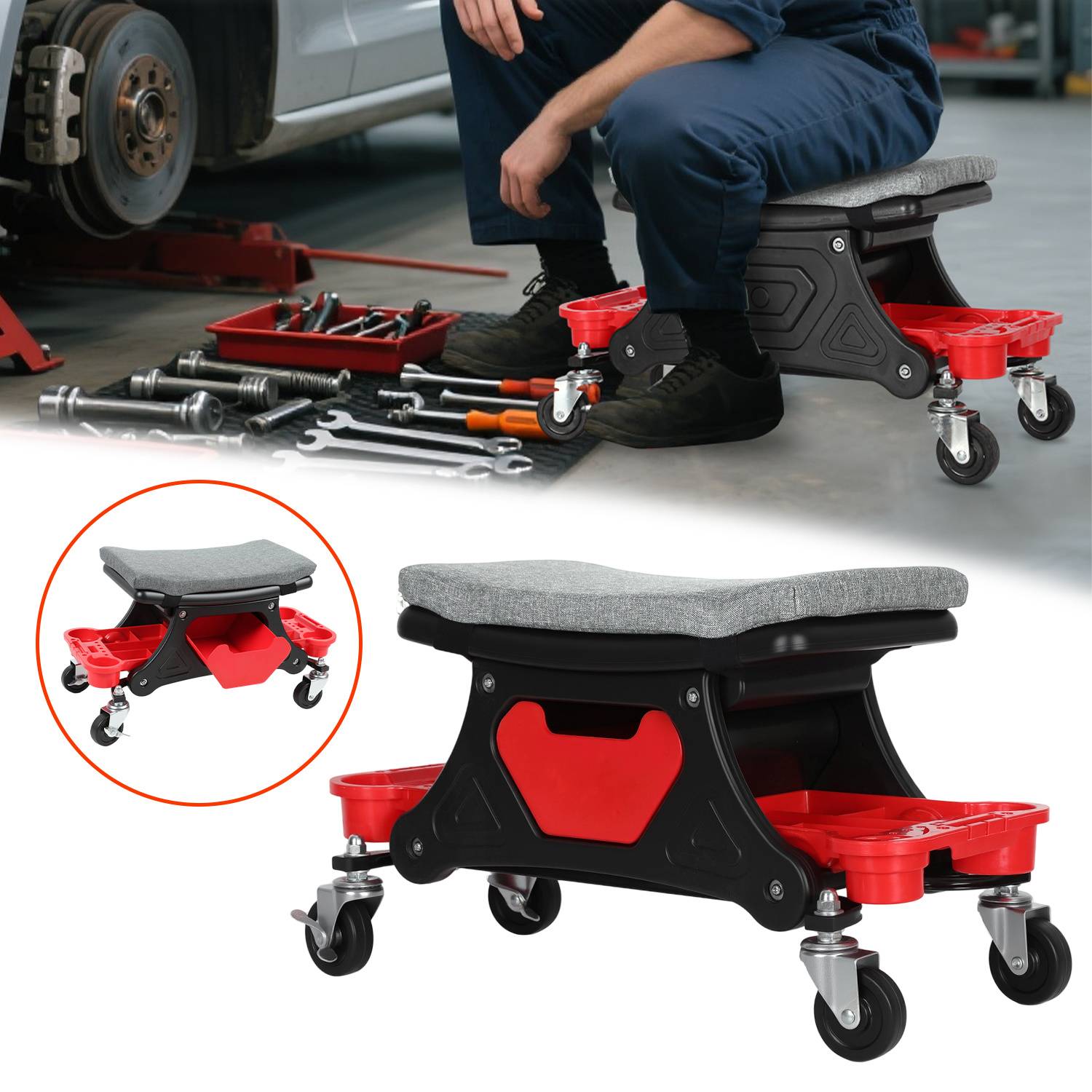 Werkstatt-Rollhocker mit Schublade, Bremsrollen und Polstersitz