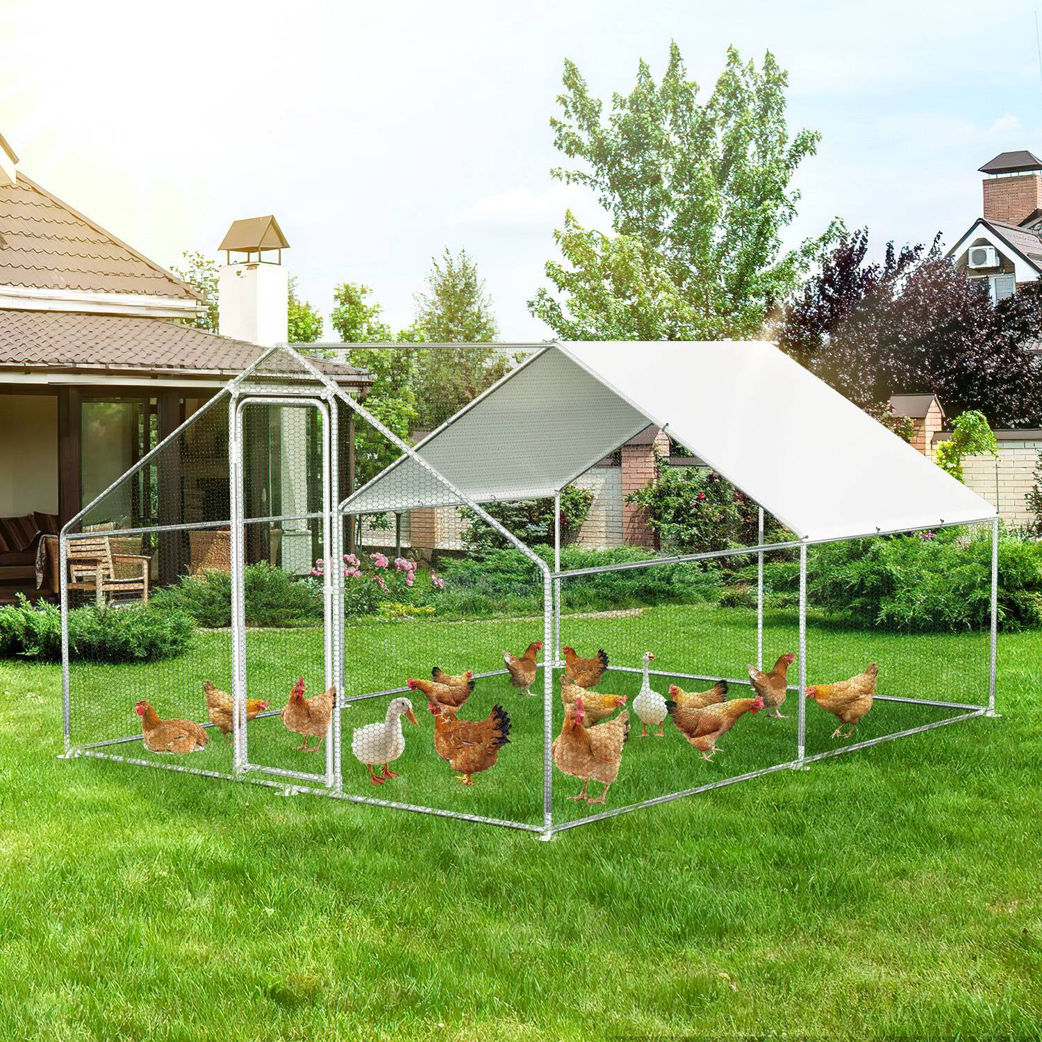 Hühnerstall 3x4x2m Querstreben Hühnerhaus Freilaufgehege Kleintierstall Voliere mit PE-Dach