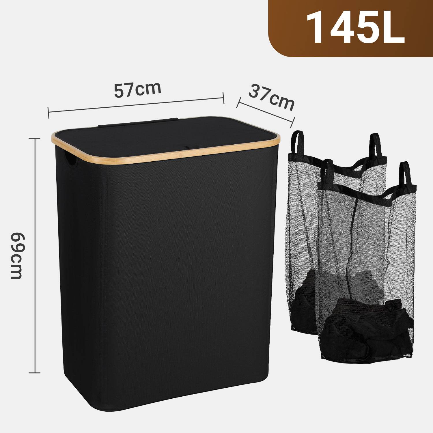 145L Wäschekorb mit Deckel faltbar Oxford Wäschebox Schwarz 57x37x69 cm, 2 Wäschesäcke