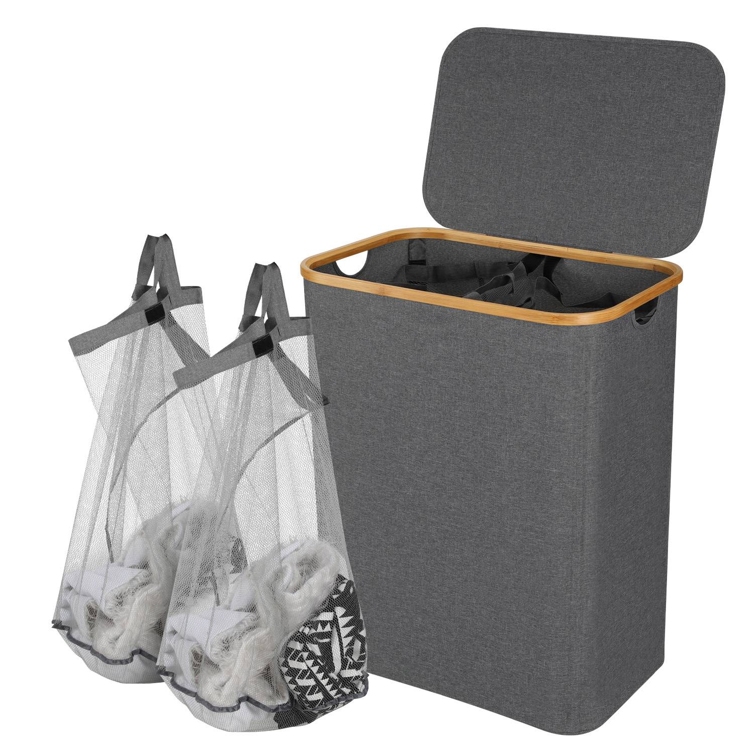 145L Wäschekorb mit Deckel faltbar Oxford Wäschebox Grau 57x37x69 cm, 2 Wäschesäcke