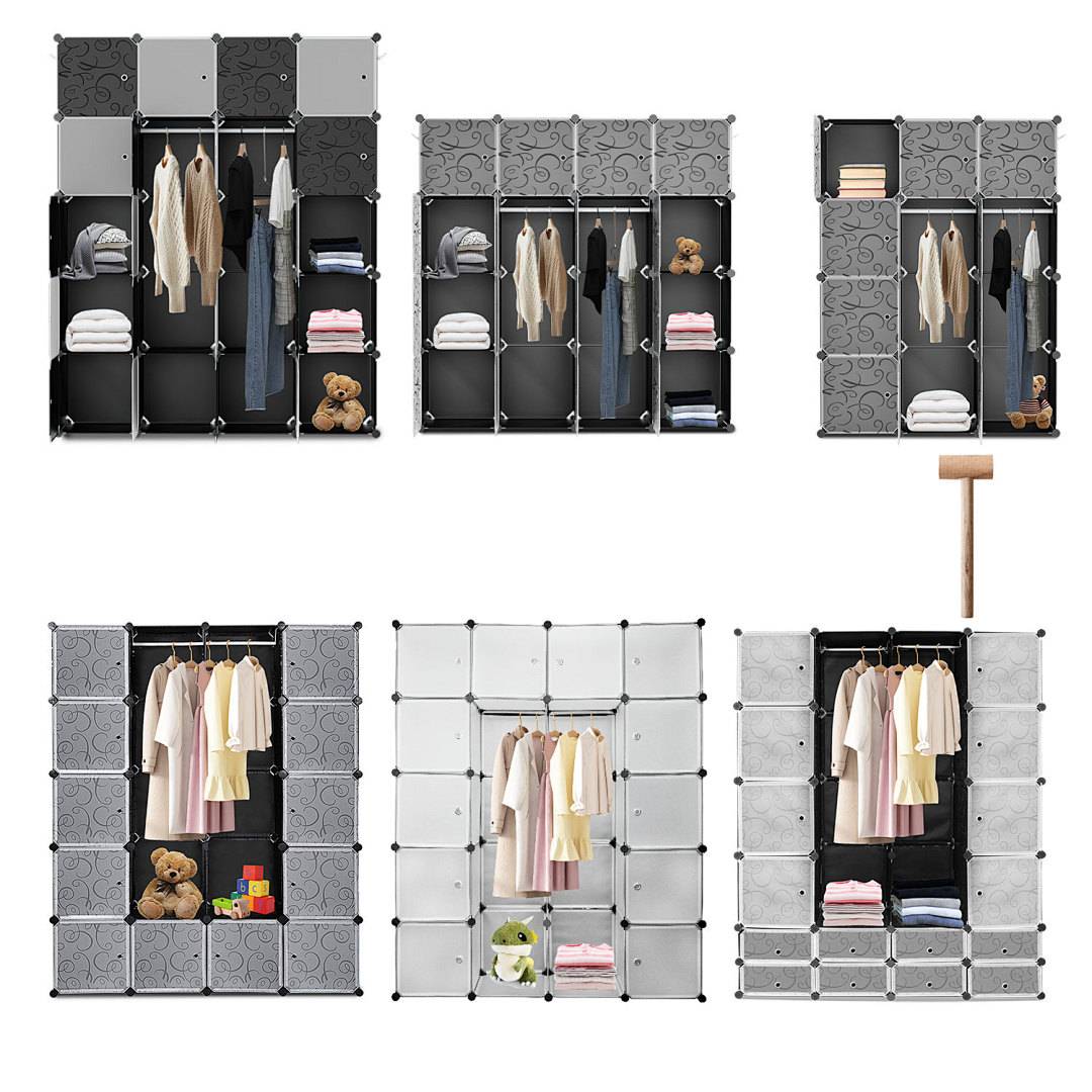 Kleiderschrank Steckschrank 20 Fächer 175x140x35 cm PP Schwarz Weiß 2 Stangen