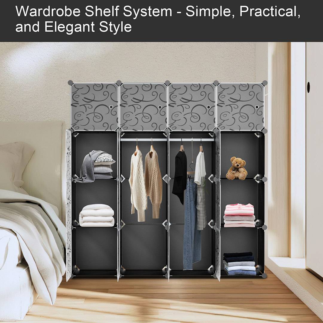 Kleiderschrank Steckschrank 20 Fächer 175x140x35 cm PP Schwarz Weiß 2 Stangen