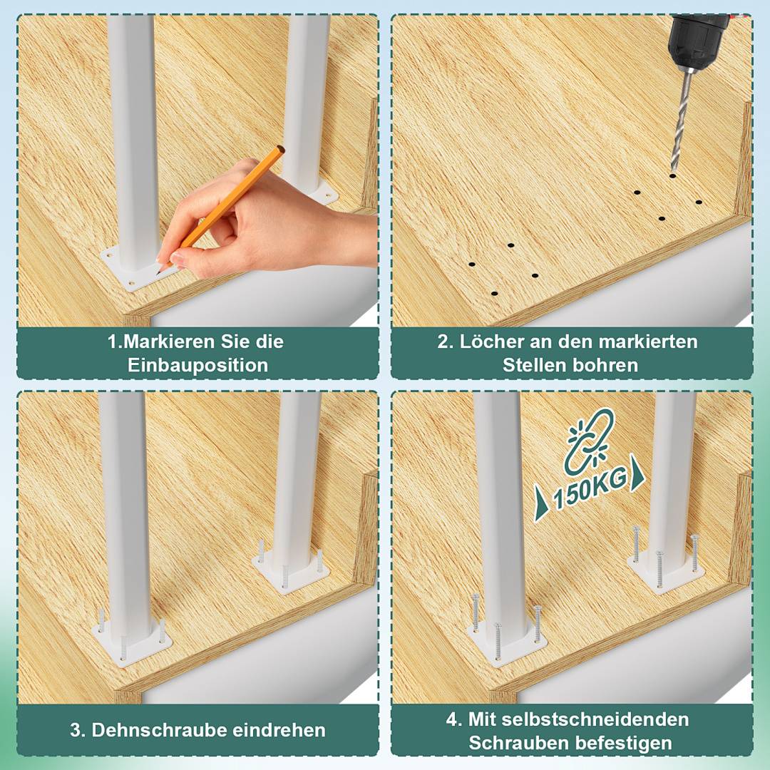 Vierschrittiges Installationshandbuch für eine Halterung: Position markieren, Löcher bohren, Expansionsschraube einsetzen und mit Selbstbohrschrauben sichern; zeigt eine Tragfähigkeit von 150 kg.