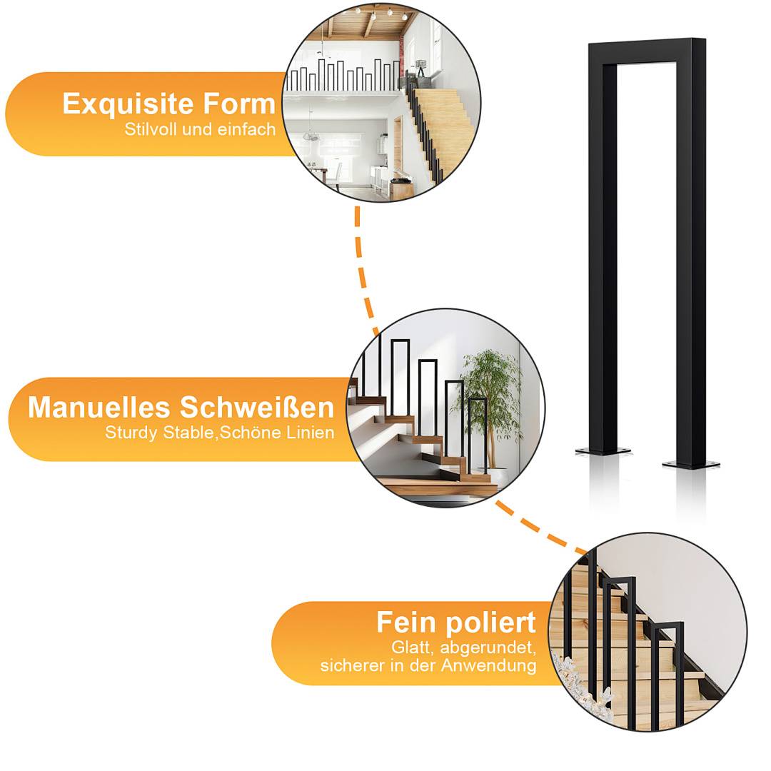Werbegrafik für ein schwarzes Metalltreppengeländer: „Exquisite Form", „Manuelles Schweißen"" und „Fein poliert"" heben elegante Form, handgeschweißte Verarbeitung und polierte sichere Kanten hervor, mit eingefügten Treppenfotografien.