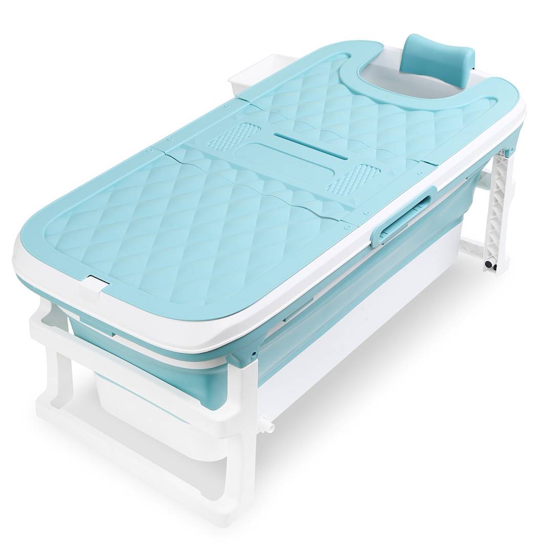 Faltbare Badewanne 132x60x50cm Blau aus PP- und TPE-Kunststoffstoff mit Massagerollen & Abflussrohr für Erwachsene