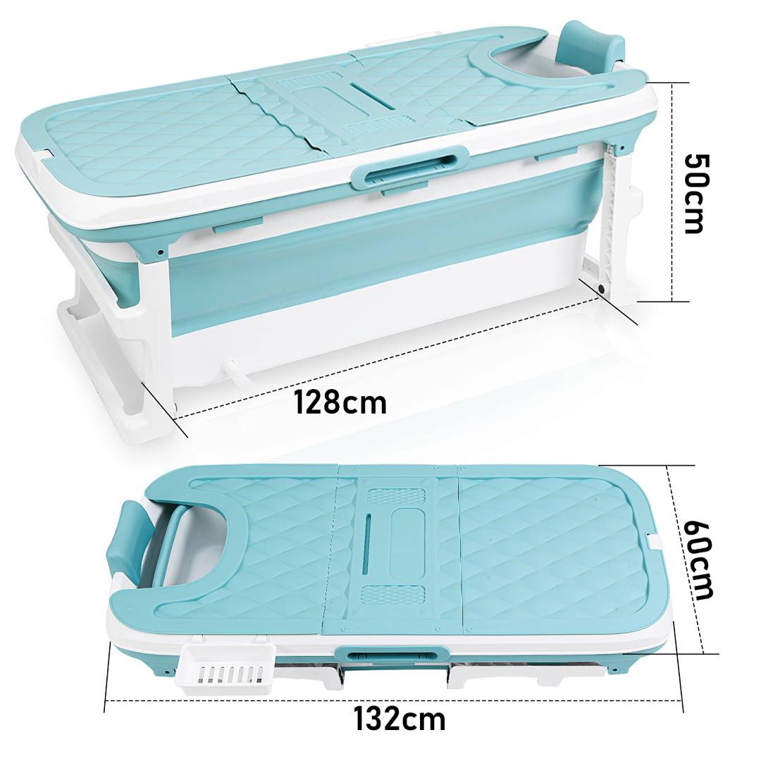 Faltbare Badewanne 132x60x50cm Blau aus PP- und TPE-Kunststoffstoff mit Massagerollen & Abflussrohr für Erwachsene