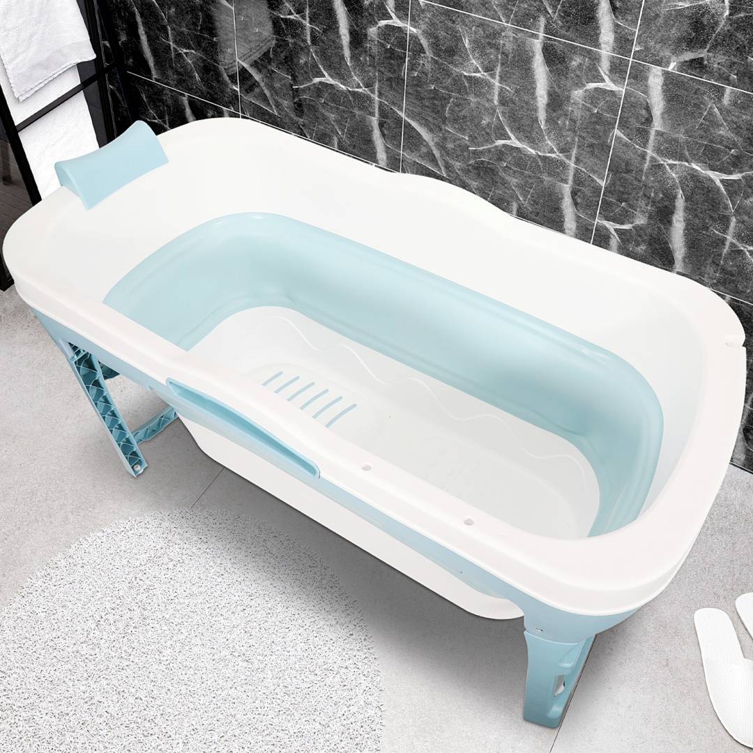 Faltbare Badewanne 118x60x50cm Blau aus PP- und TPE-Kunststoff mit Abdeckung platzsparend für Erwachsene
