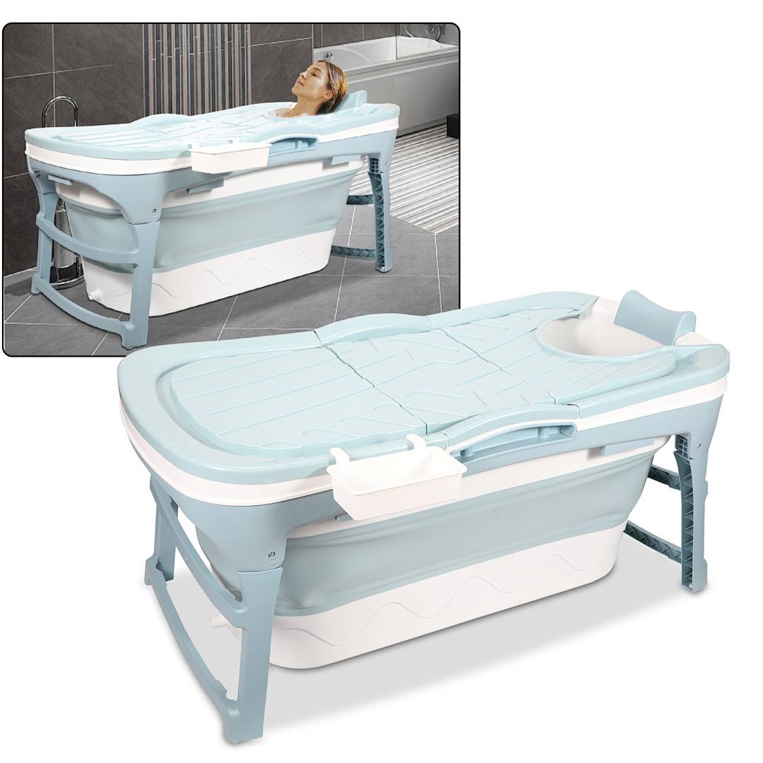 Faltbare Badewanne 118cm Blau aus PP- und TPE-Kunststoff mit Ablagekorb doppelt Abfluss für kleine Badezimmer