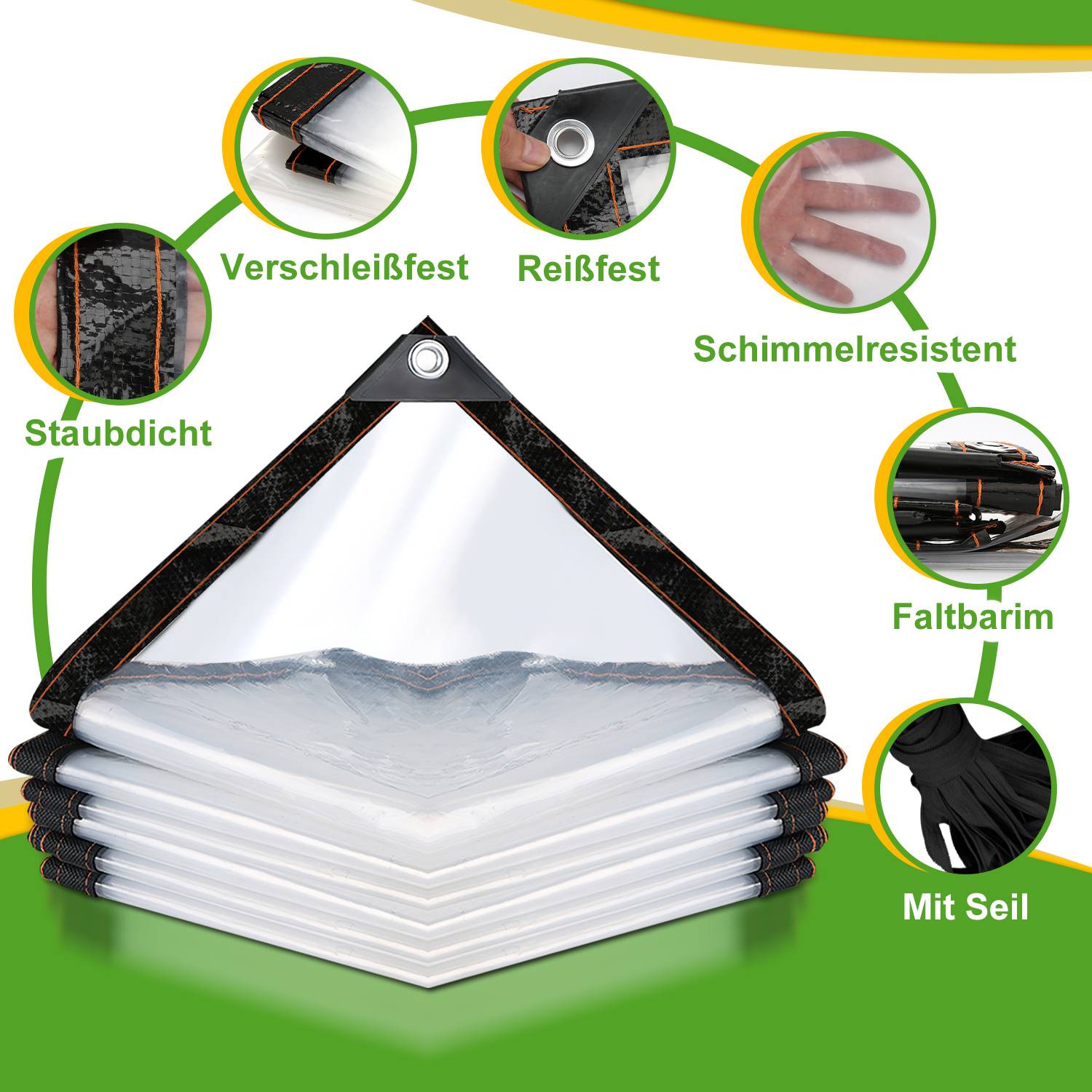 Transparente PE Gewächshausfolie 300 x 300 cm, Abdeckplane mit Ösen