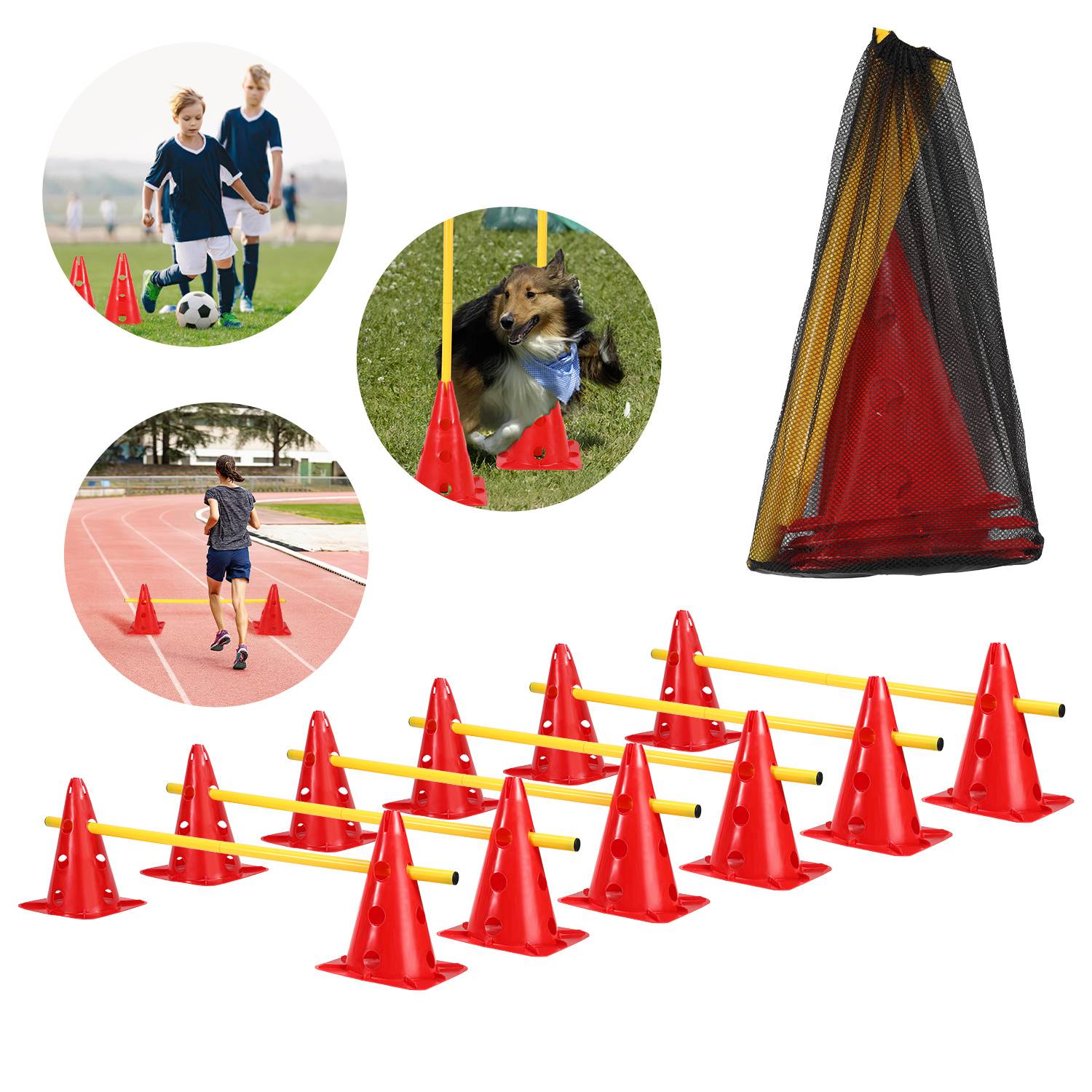 6er Sports Steckhürdenset 12 Kegel + 6 Stangen Agility Hürden Steckhürden Set, Koordinationstraining für Kinder Hunde Teamsport Fussball, Multifun