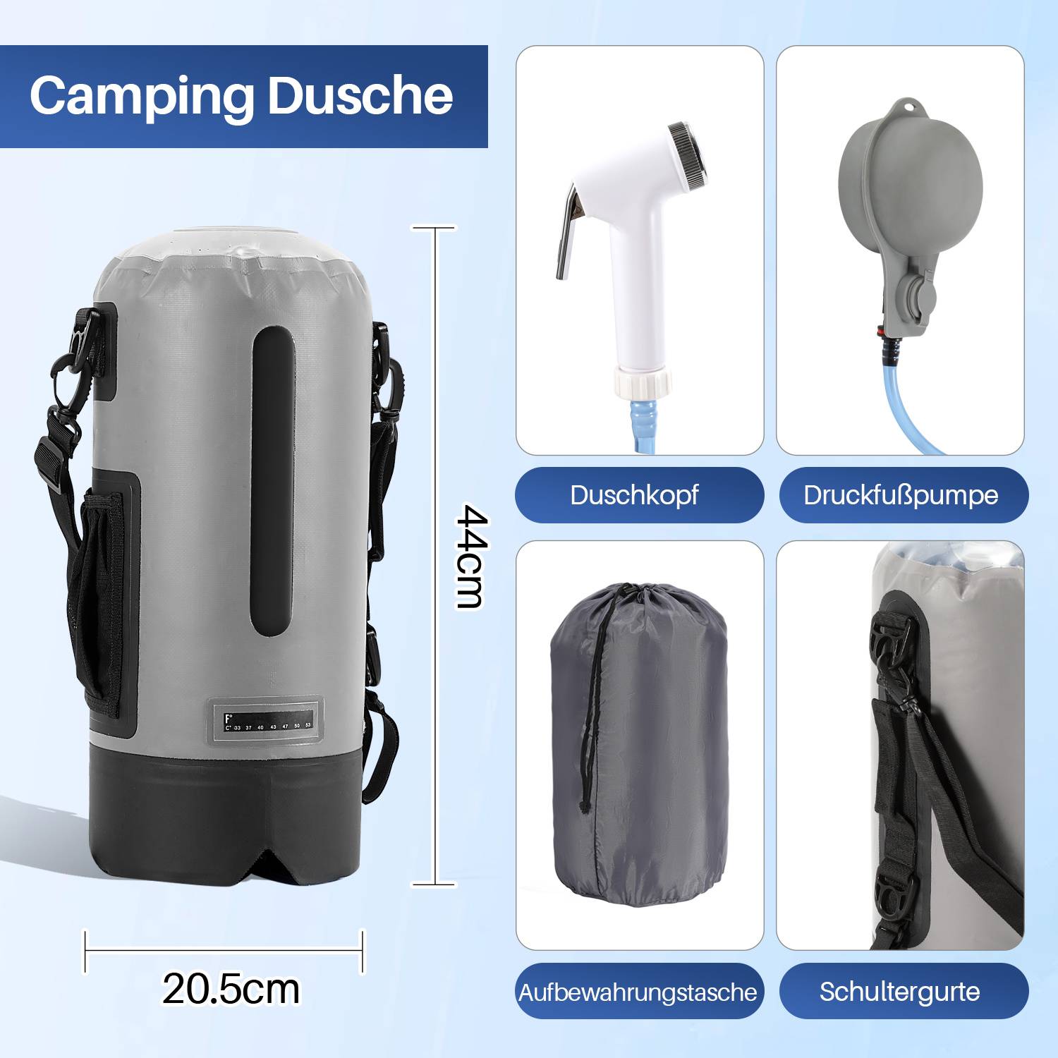 Camping Dusche mit Fußpumpe ohne Aufladen, mobile Druckdusche mit Schlauch und Duschkopf, tragbare Outdoor Dusche für Camping Garten Wohnmobil