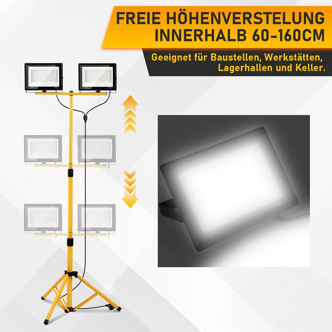 LED Baustrahler 50W, 5000LM LED Arbeitsleuchte IP66, Außenstrahler Kaltweiß 6500K mit verstellbarem Haltebügel für Baustelle Garage Garten Werksta