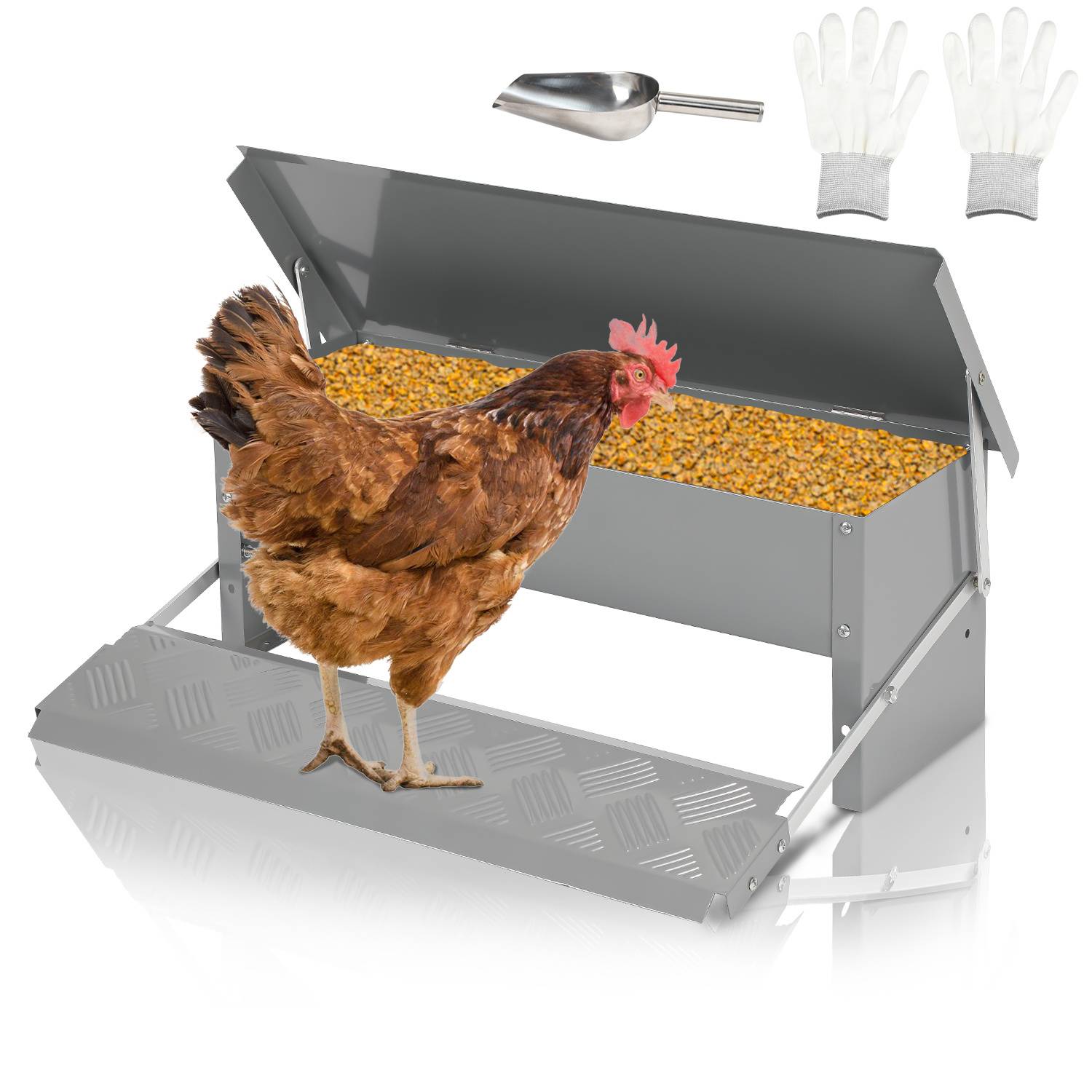 Hühner Futterautomat 5 kg, verzinkt mit Trittklappe und Zubehör