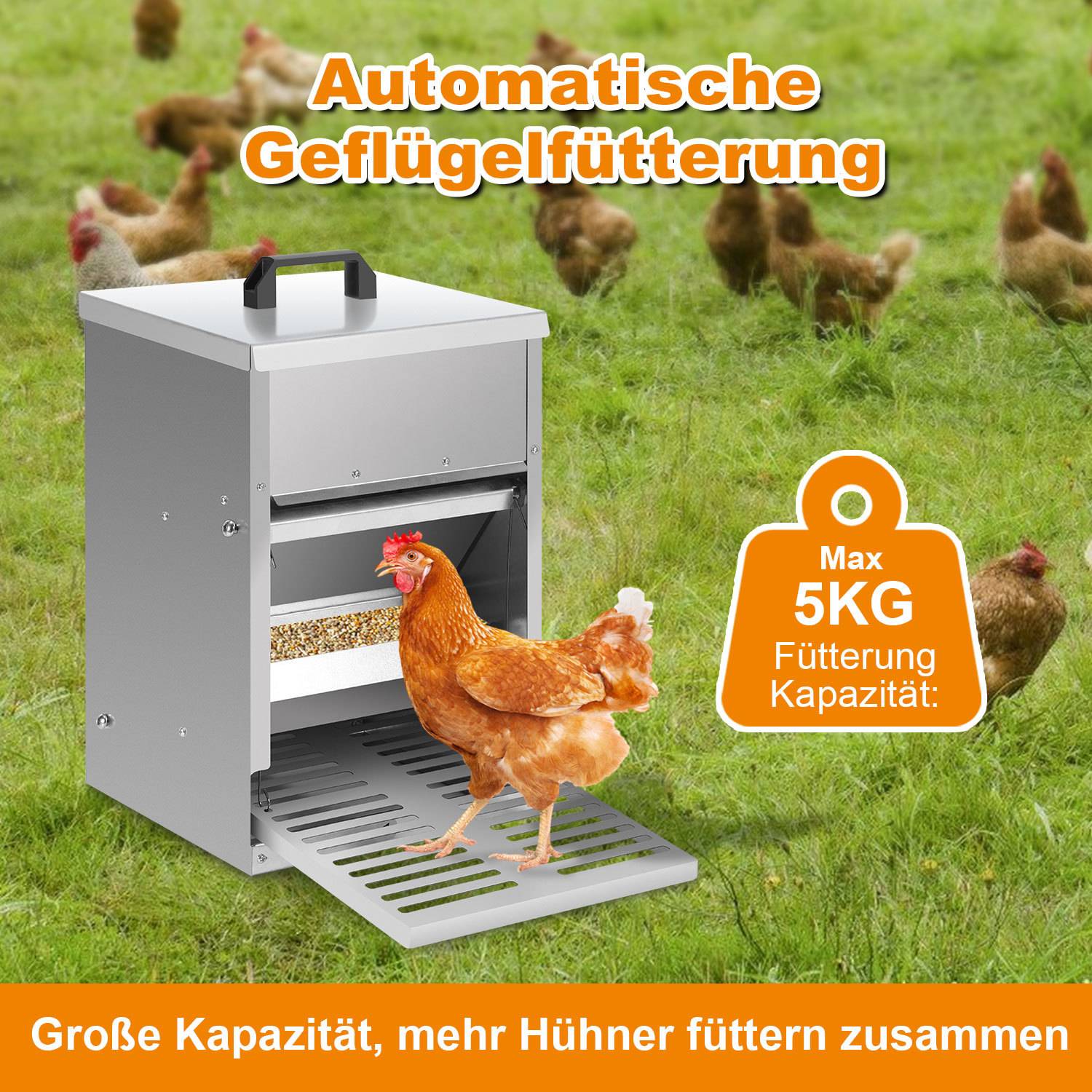 Hühner Futterautomat stehend 5 kg, wetterfester Geflügel Futterspender mit automatischer Pedalöffnung