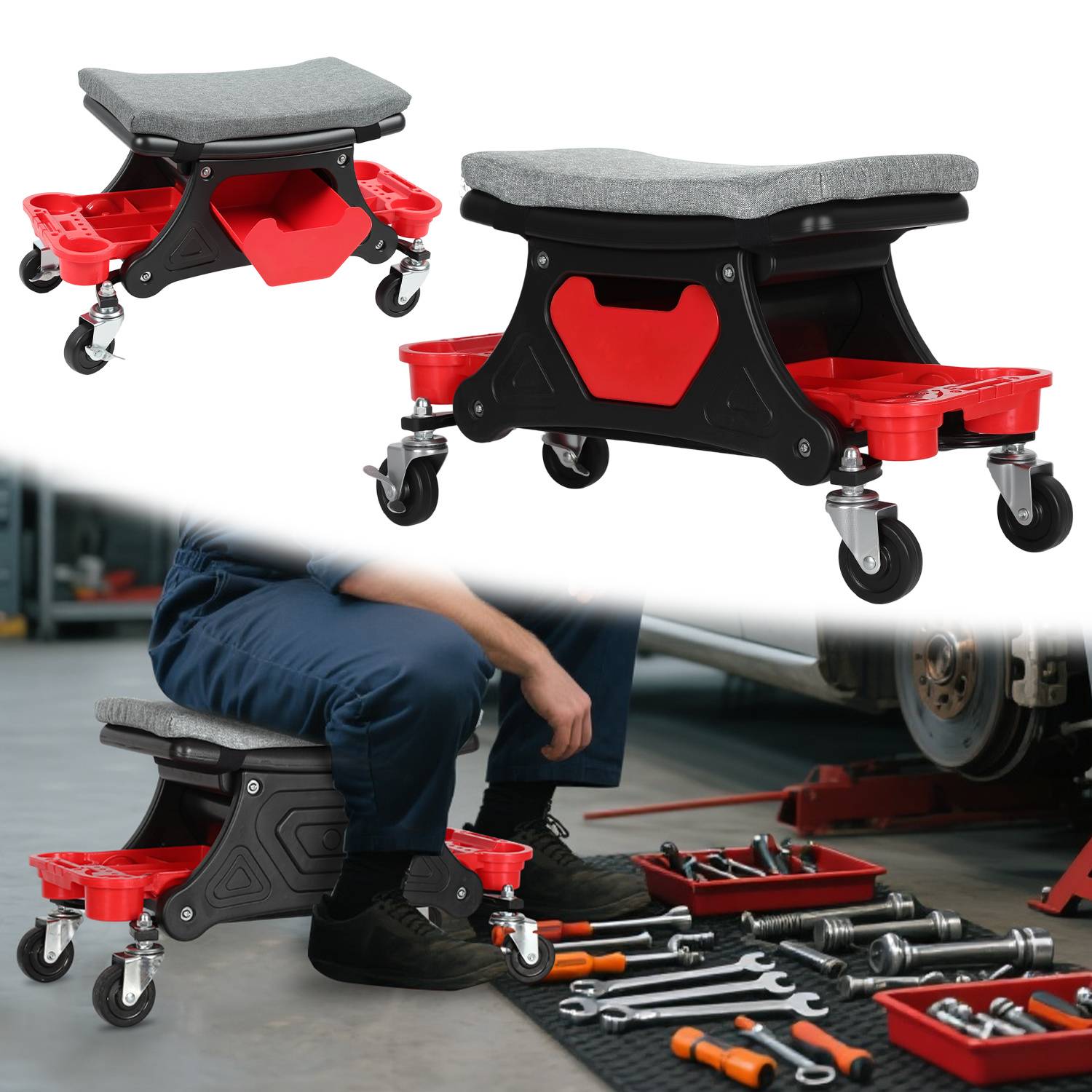 Rollhocker für Werkstatt und Garage mit Werkzeugablage