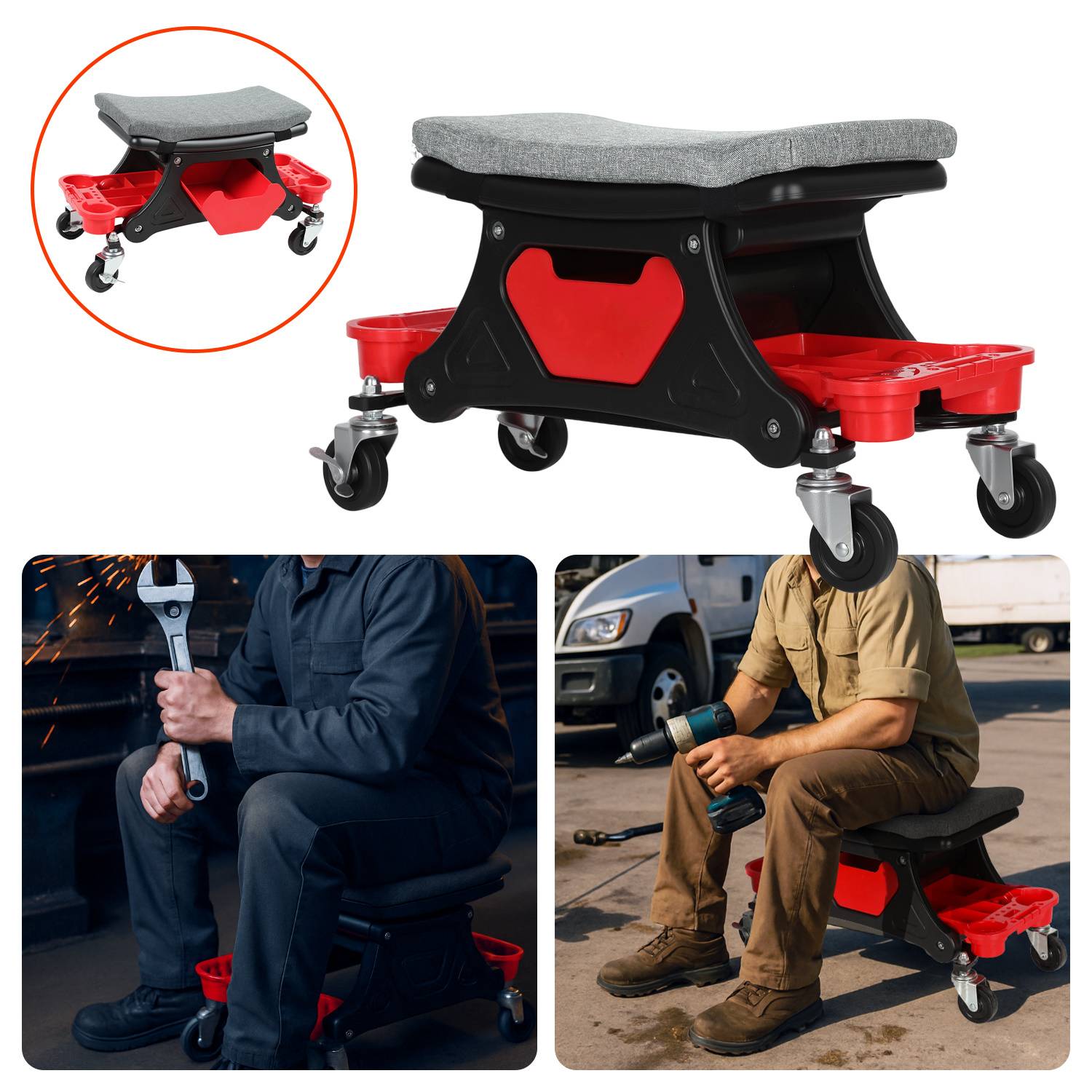 Werkstatt-Rollhocker mit Schublade, Bremsrollen und Polstersitz