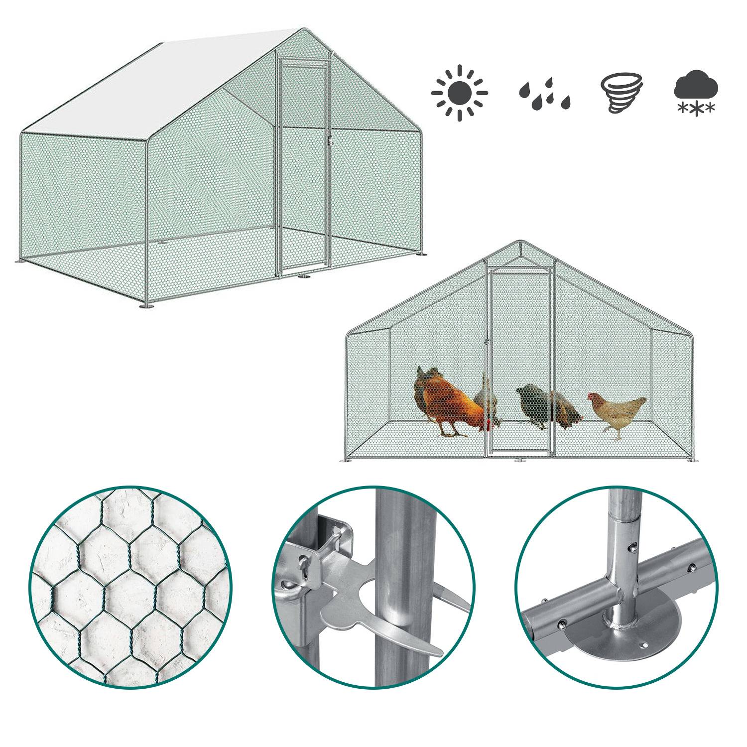 Hühnerstall 3x2x2m Querstreben Hühnerhaus Freilaufgehege Kleintierstall Voliere mit PE-Dach