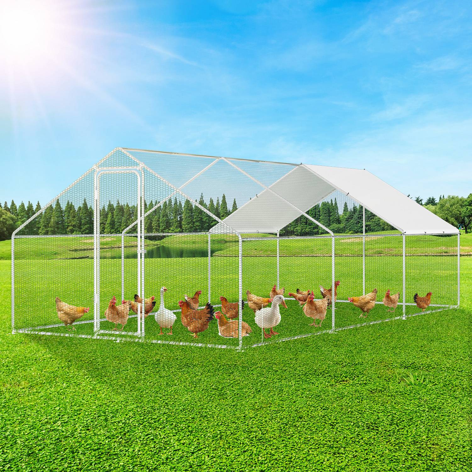 Hühnerstall 3x8x2m Querstreben Hühnerhaus Freilaufgehege Kleintierstall Voliere mit PE-Dach