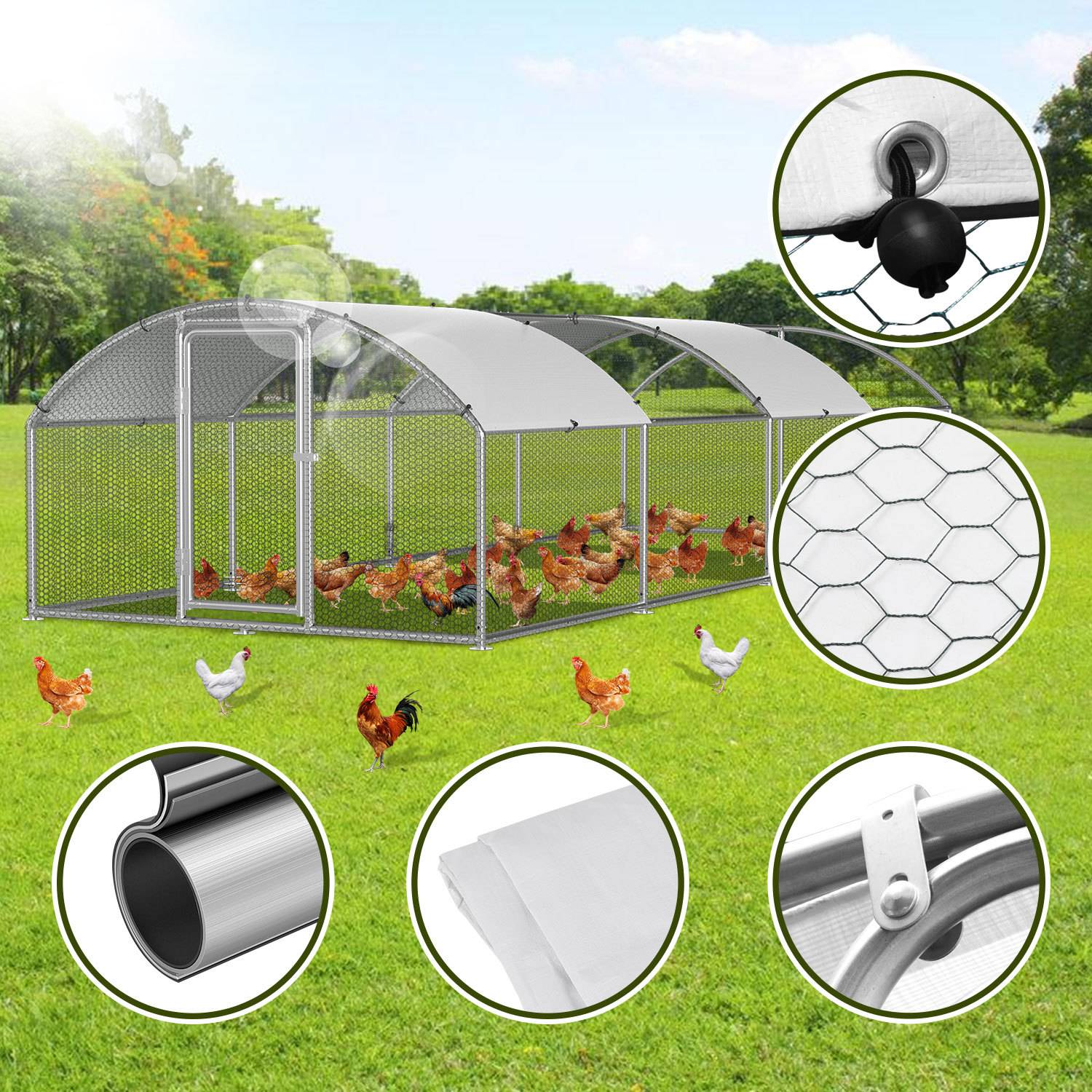 Hühnerstall 3x8x2m Kuppeldach Hühnerhaus Freilaufgehege Kleintierstall Voliere mit PE-Dach