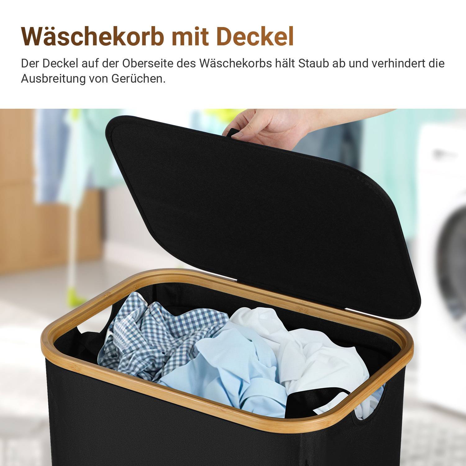 100L Wäschekorb mit Deckel faltbar Oxford Wäschesammler Schwarz 44x33x69 cm