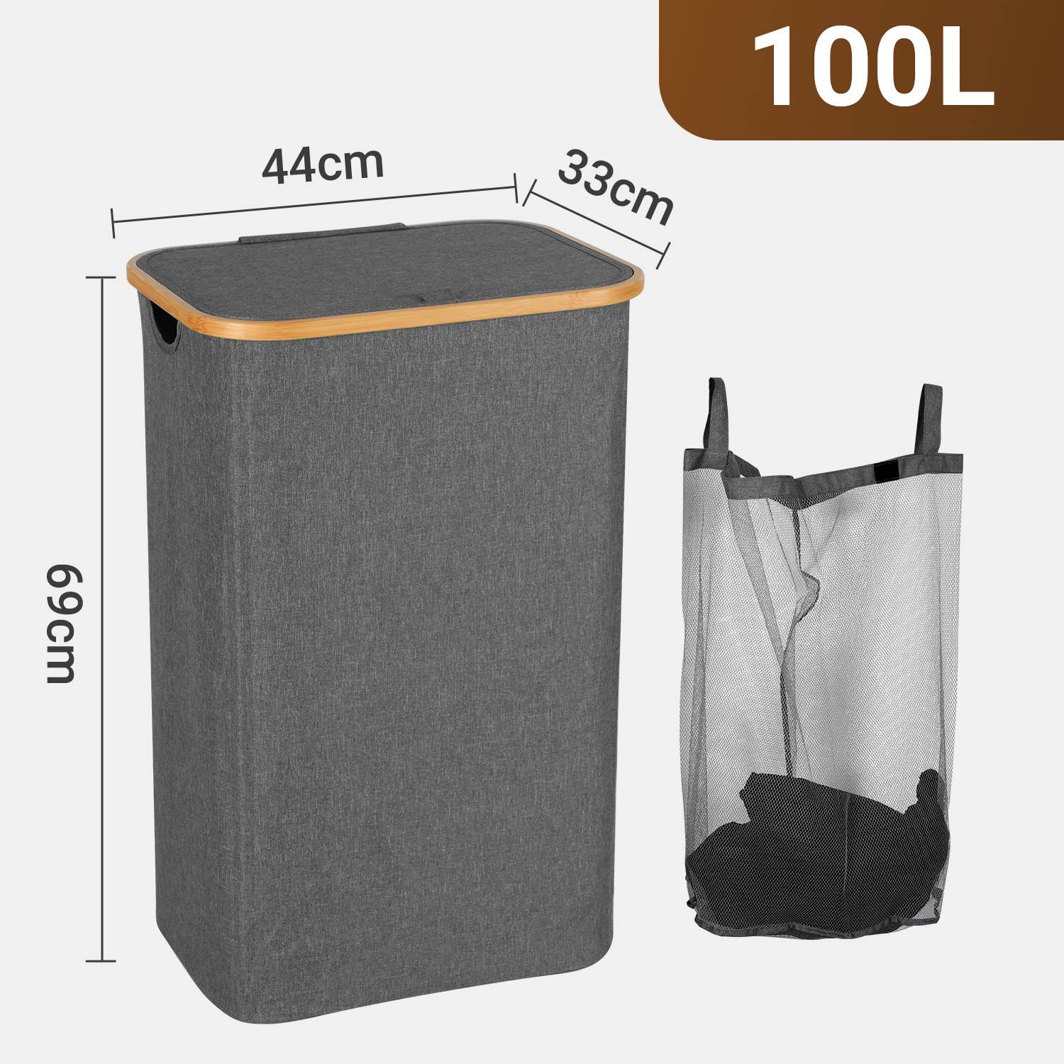 100L Wäschekorb mit Deckel faltbar Oxford Wäschesammler Grau 44x33x69 cm