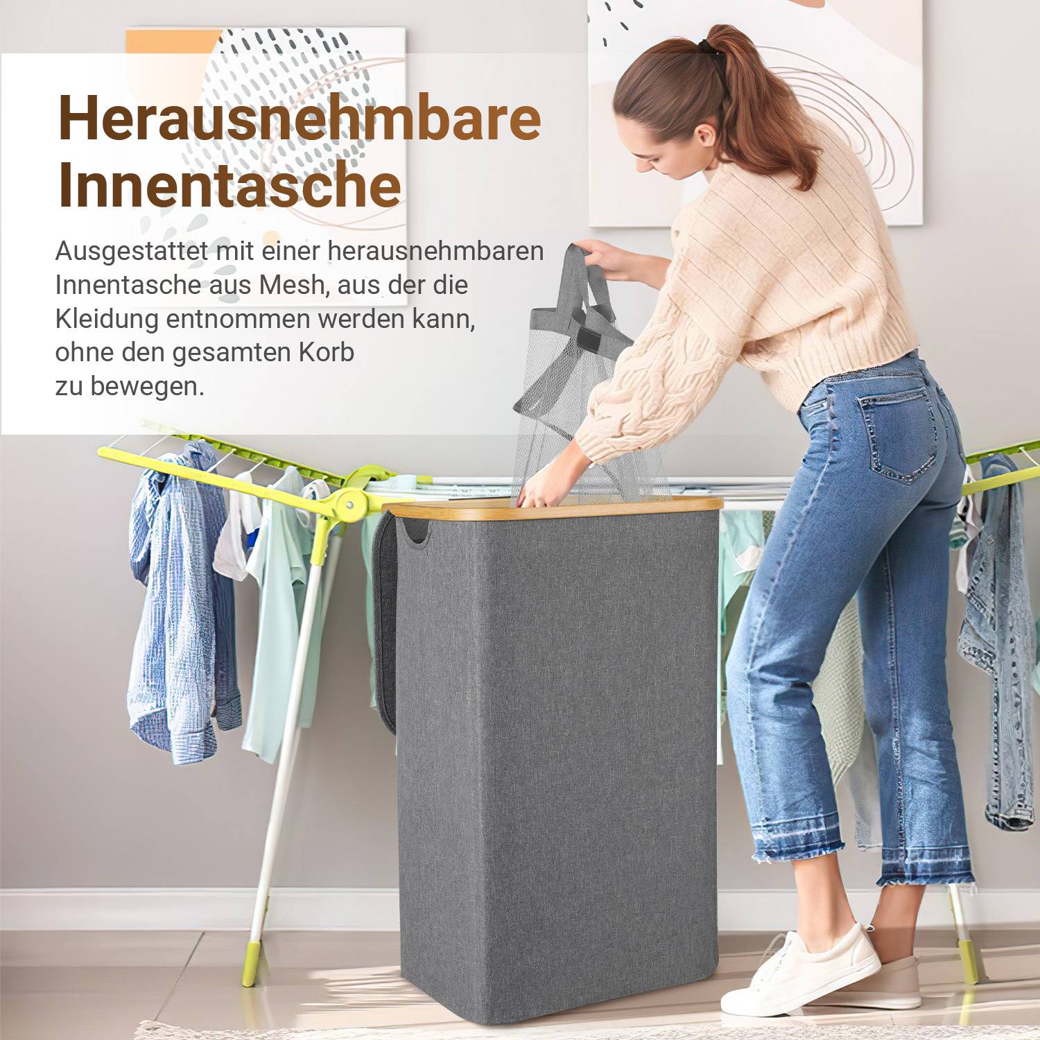 100L Wäschekorb mit Deckel faltbar Oxford Wäschesammler Grau 44x33x69 cm